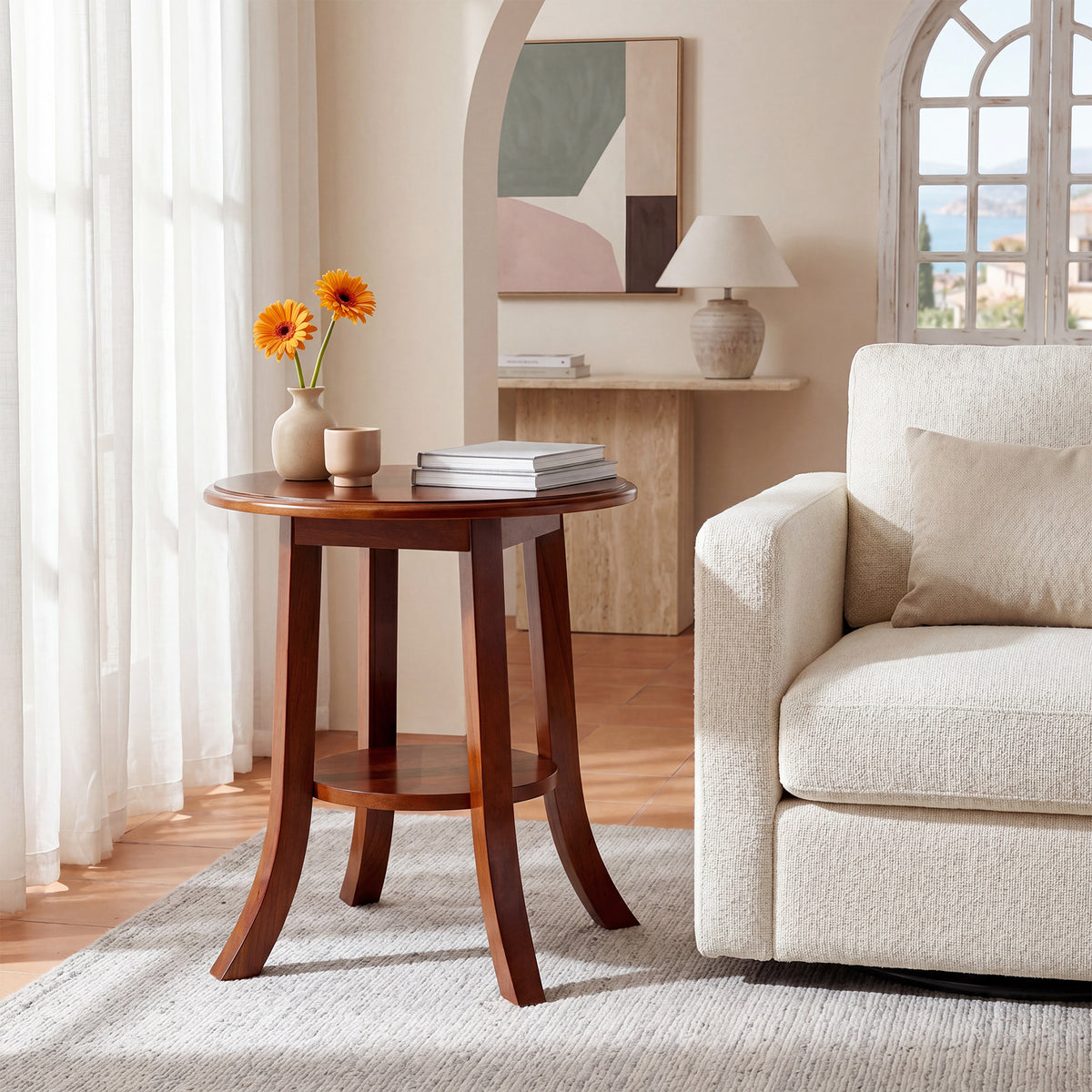 50cm Round Side Table, Vintage Solid Wood 2-Tier End Table with Curved Legs for Living Room