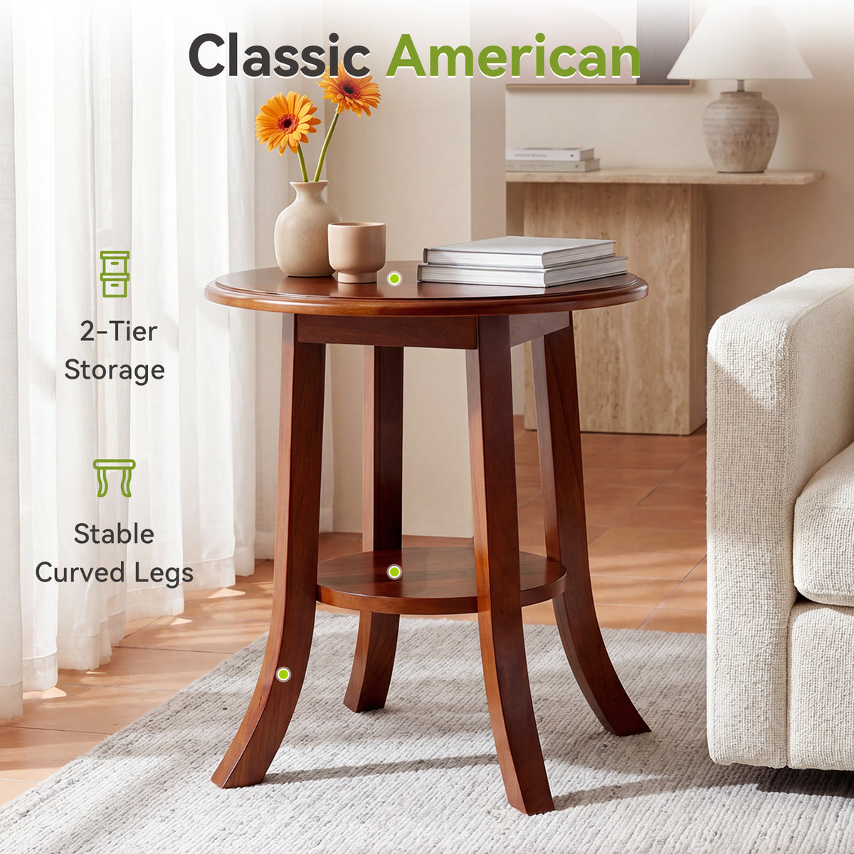 50cm Round Side Table, Vintage Solid Wood 2-Tier End Table with Curved Legs for Living Room