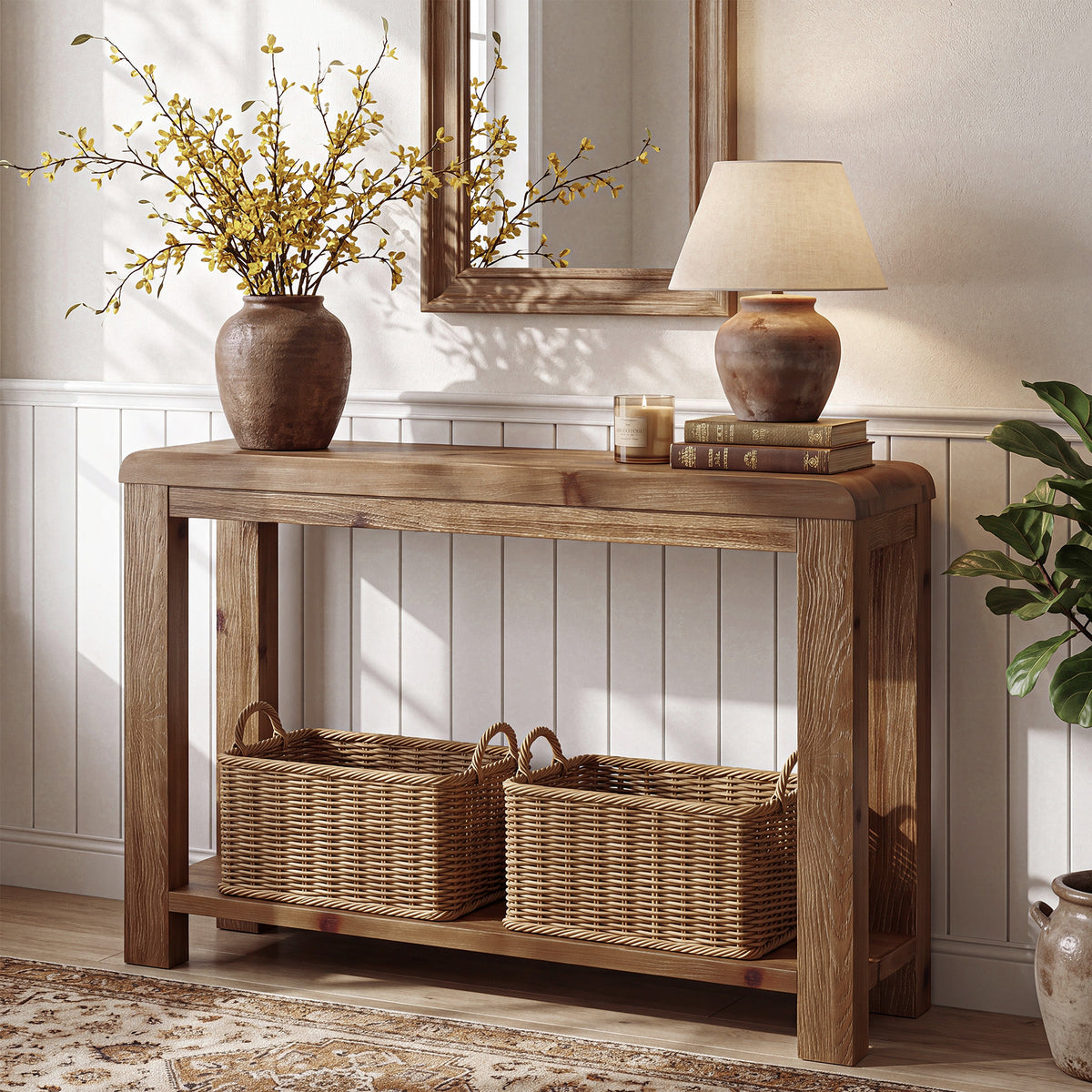 105cm Console Table, Solid Wood Farmhouse Sofa Table with Open Shelf Storage for Hallway Living Room