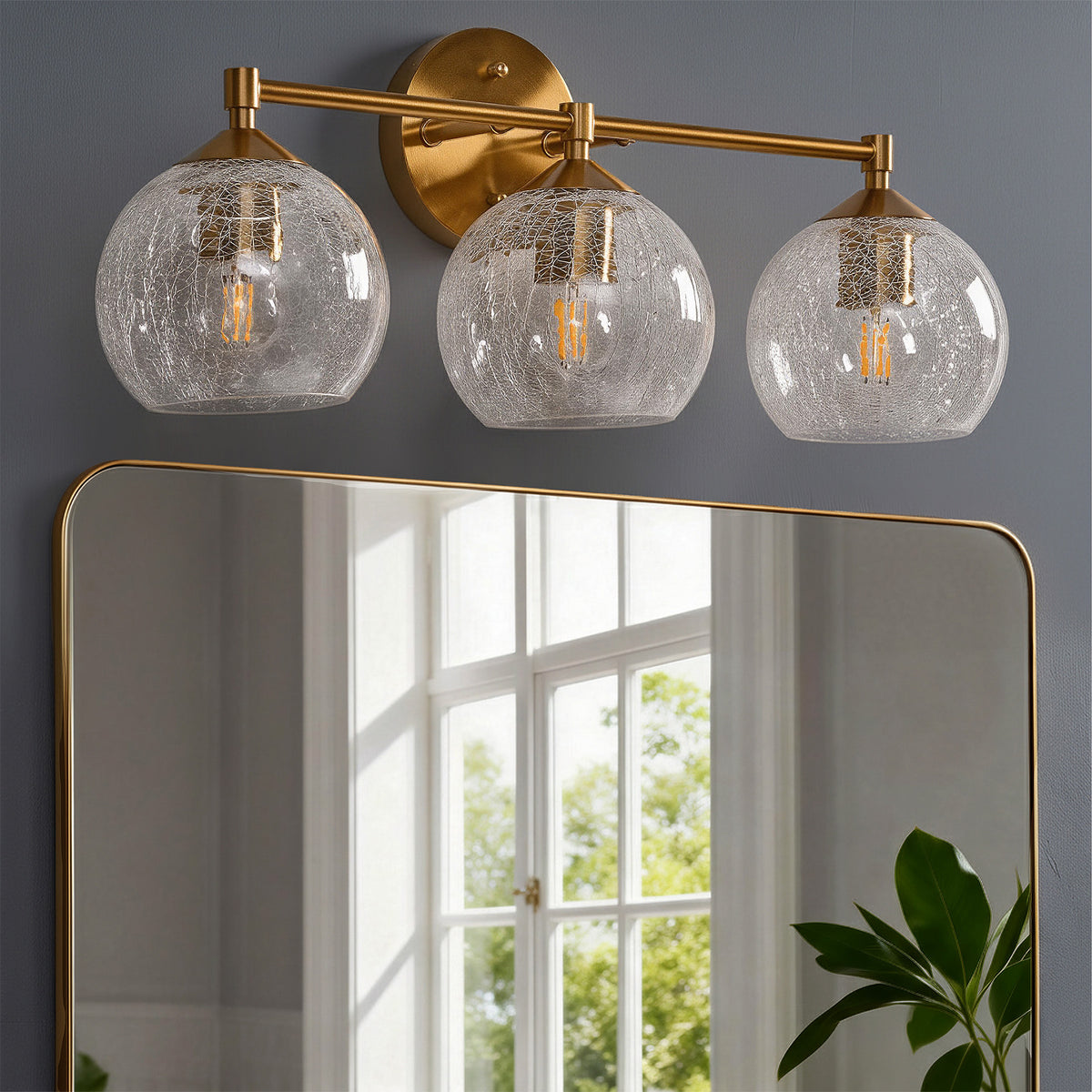 Tribesigns Gold-coloured 3-light bathroom wall light with crackled glass globes