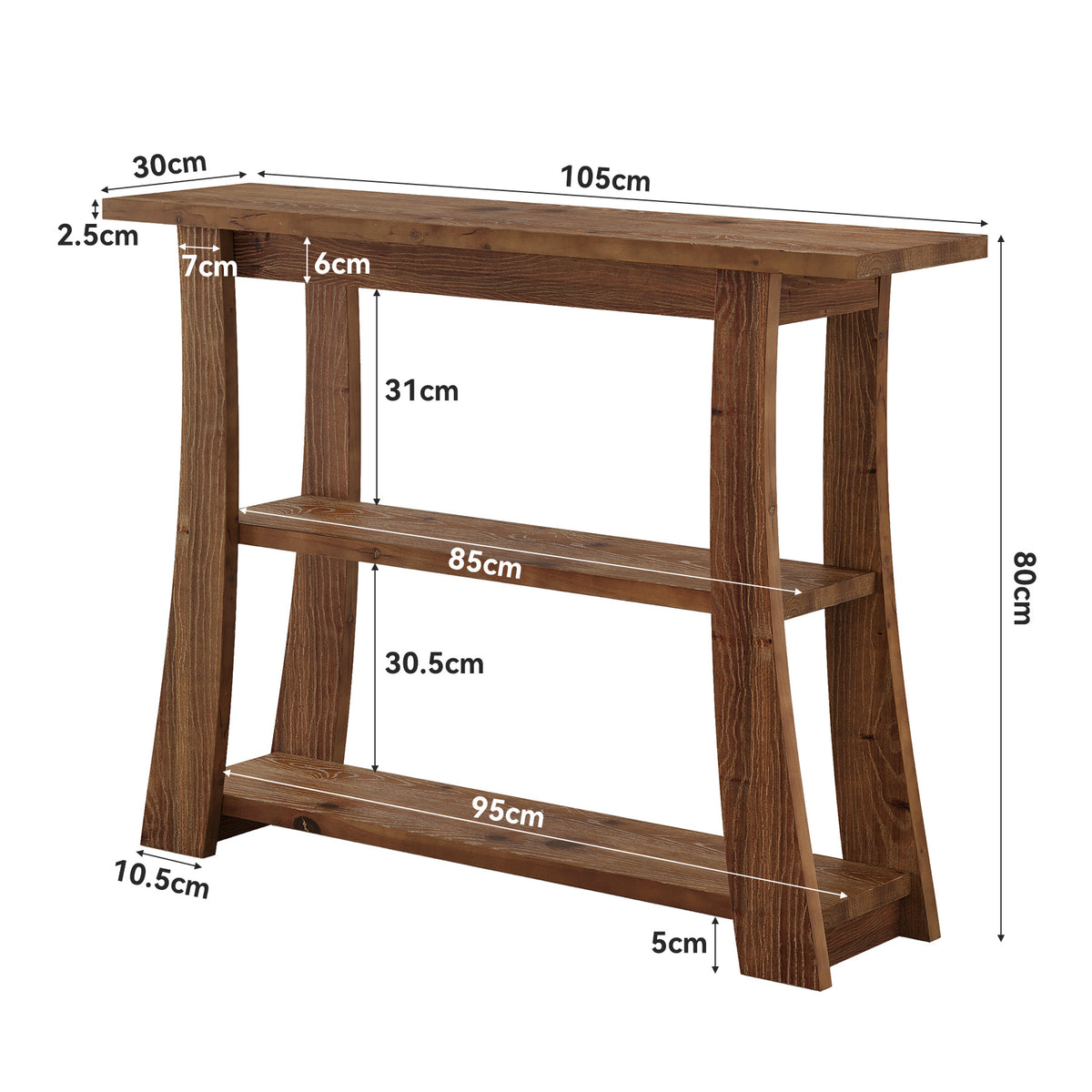 105cm Console Table, Solid Wood 3-Tier Narrow Hallway Table