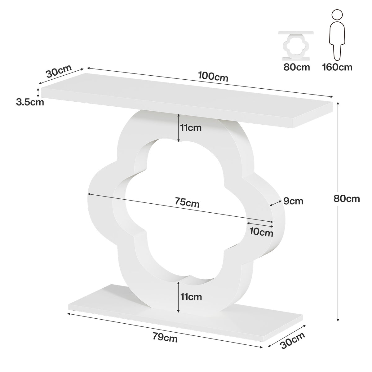 100cm Console Table, Narrow White High Gloss Flower Frame for Hallway Living Room