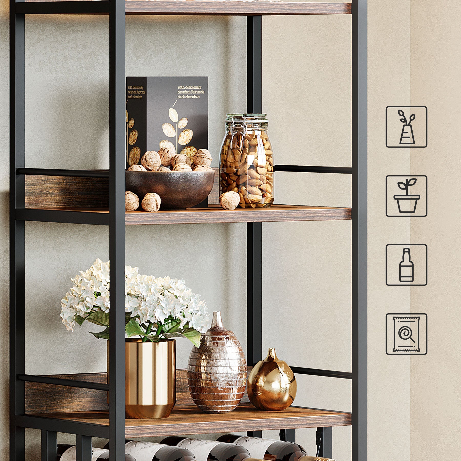 72.04" Tall Wine Rack with Glass Holder, Industrial Metal Wine Storage Stand with Tabletop