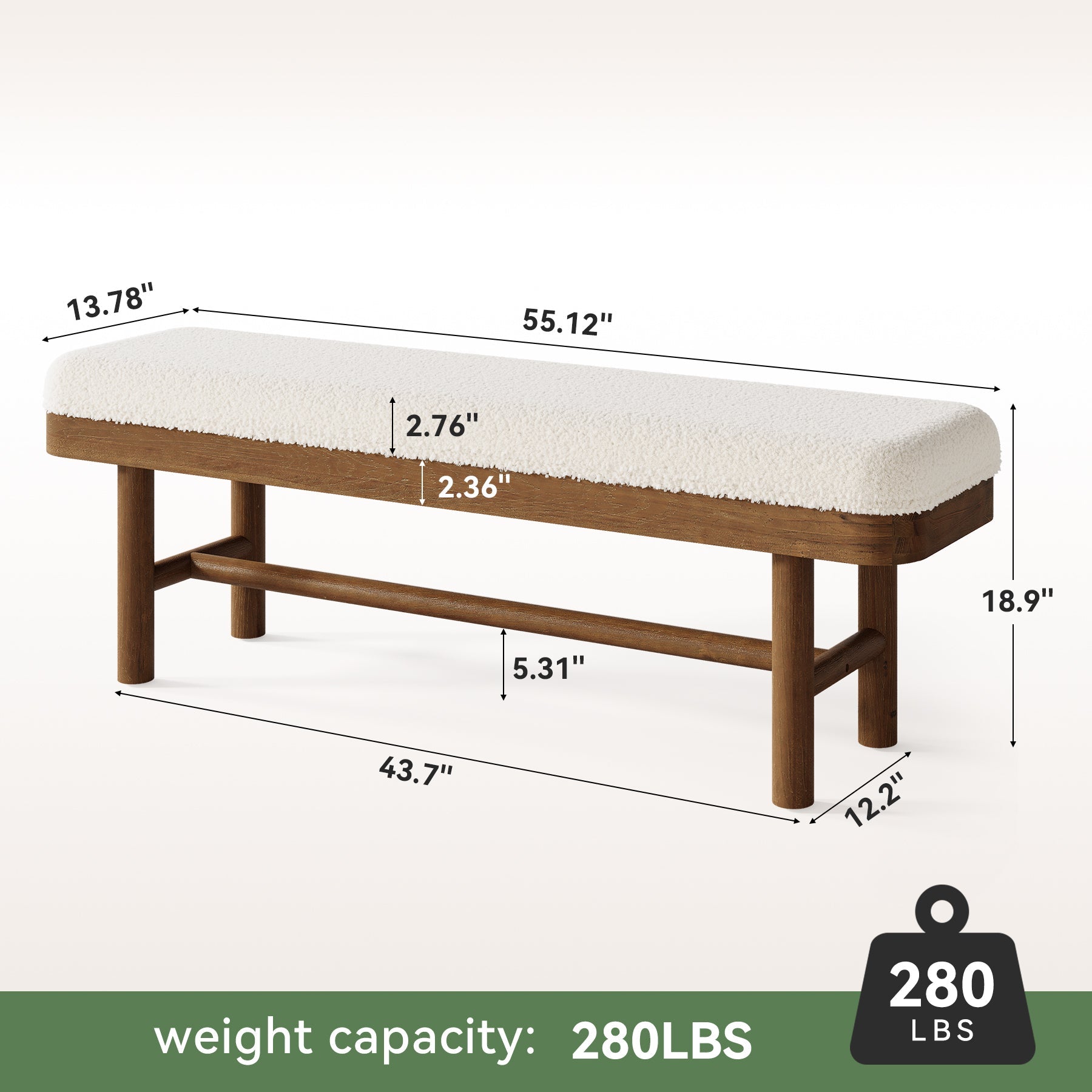 55" Upholstered Bedroom Bench, End of Bed Bench with Solid Wood Frame & Cushion