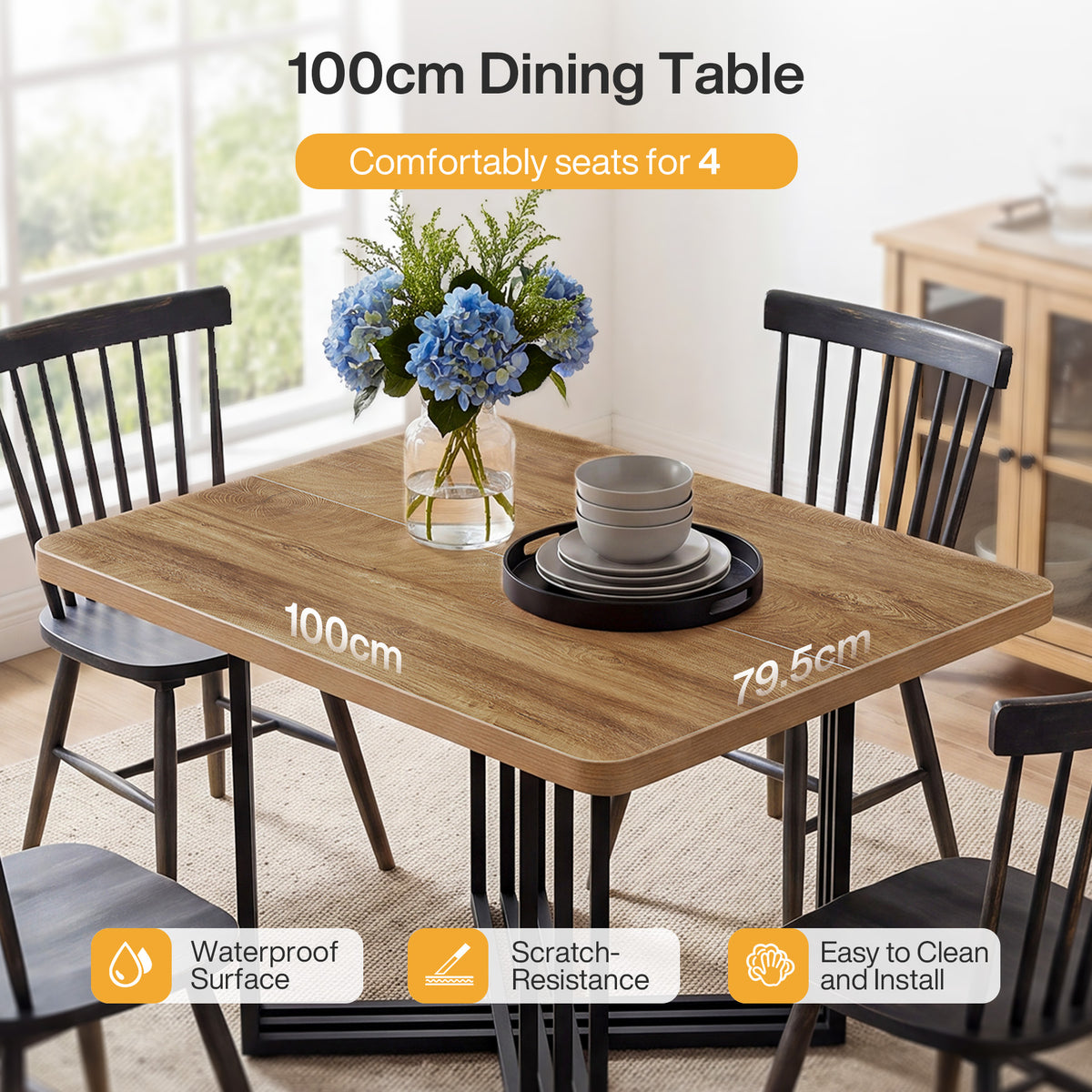100cm Dining Table, 4-Seater Rectangular Industrial Rustic Metal Frame
