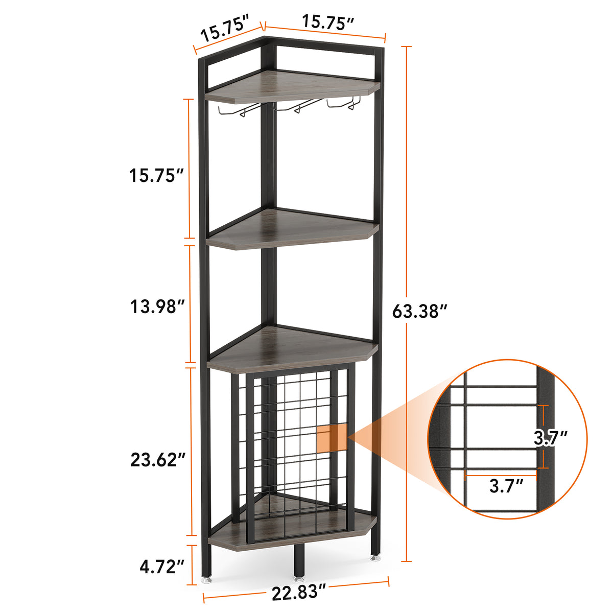 161cm Corner Wine Rack, 4-Tier Industrial Shelf with Glass Holder