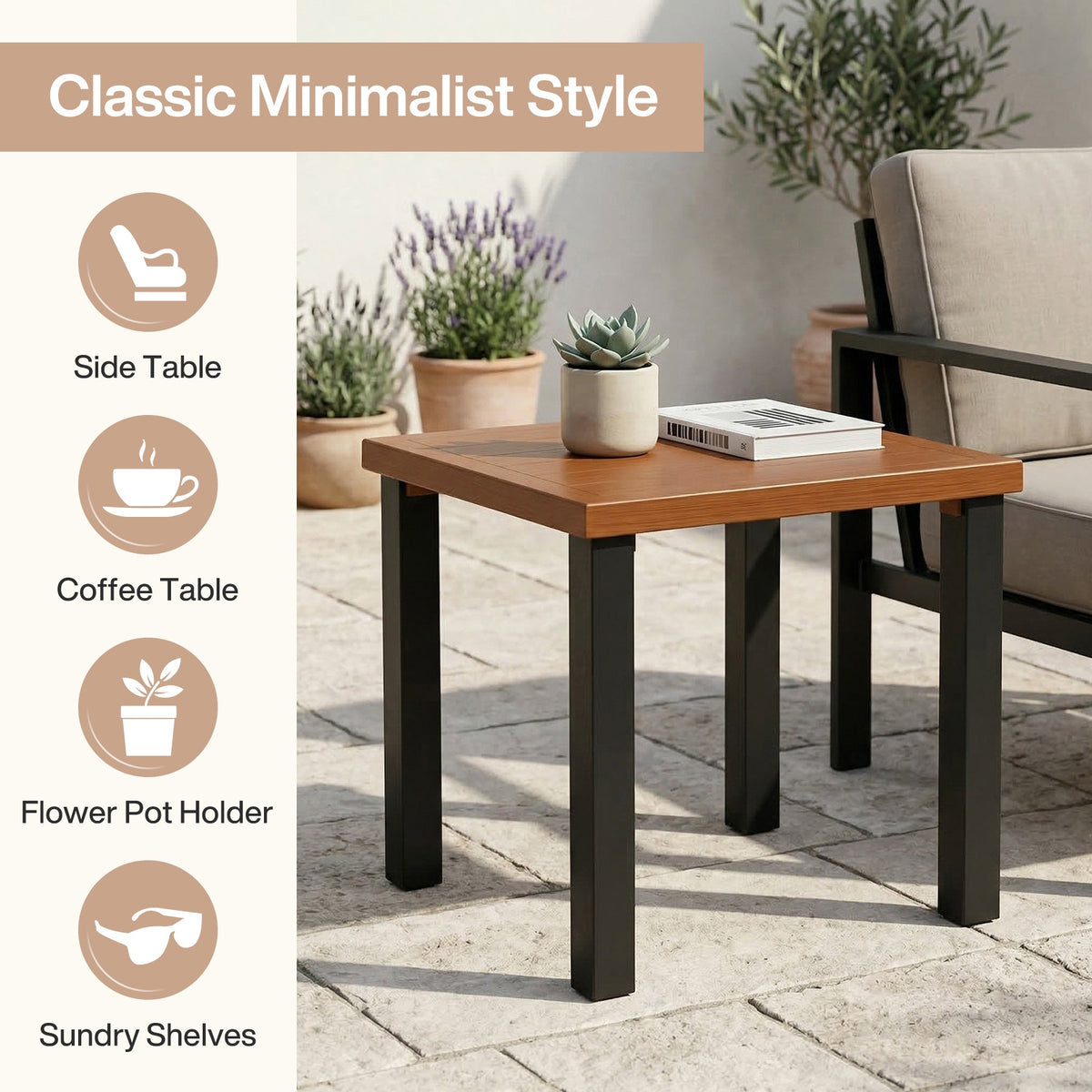 45cm Square Outdoor Side Table, Weather Resistant Patio End Table with Metal Legs