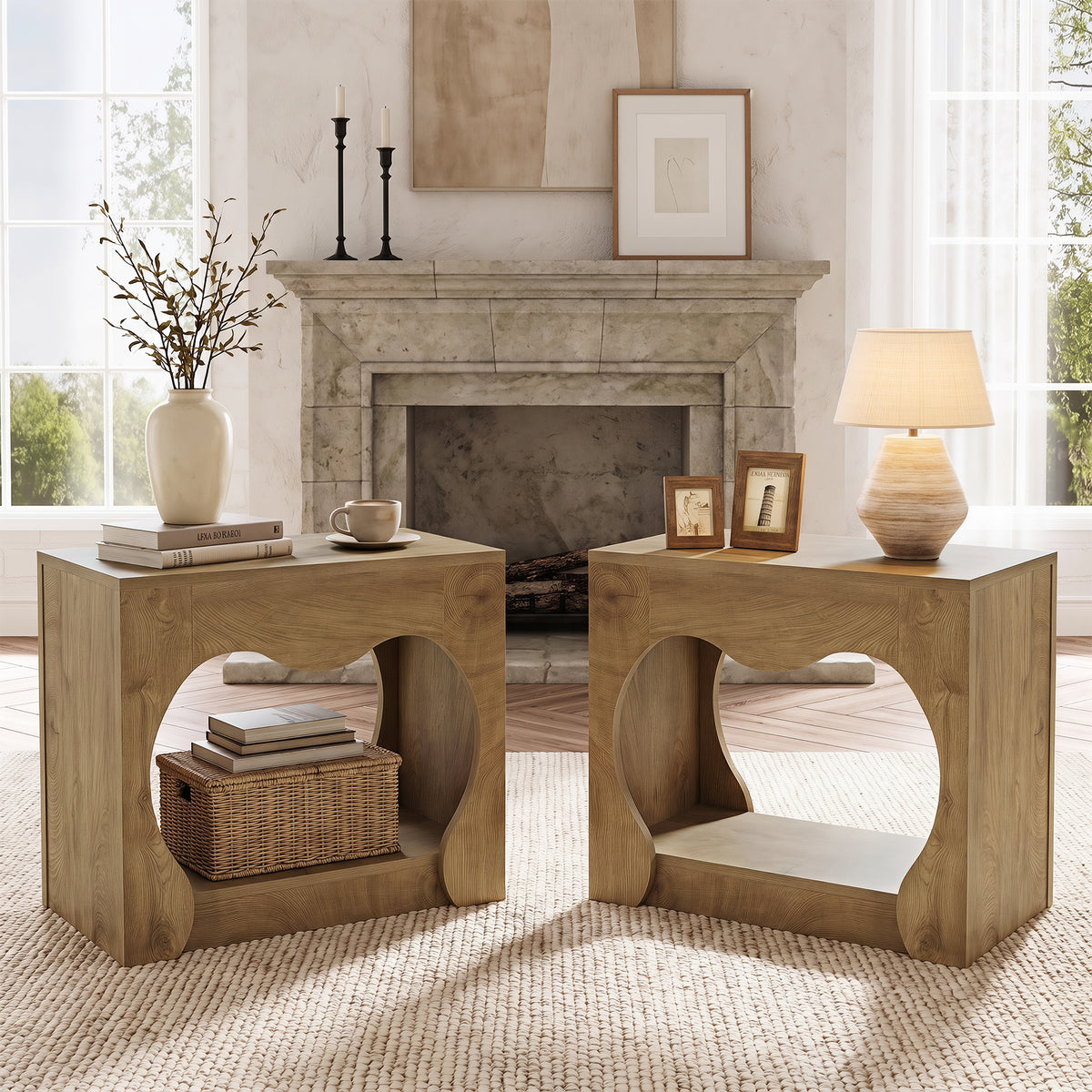 60cm End Table, 2-Tier Farmhouse Side Table with Storage Shelves & Curved Arch