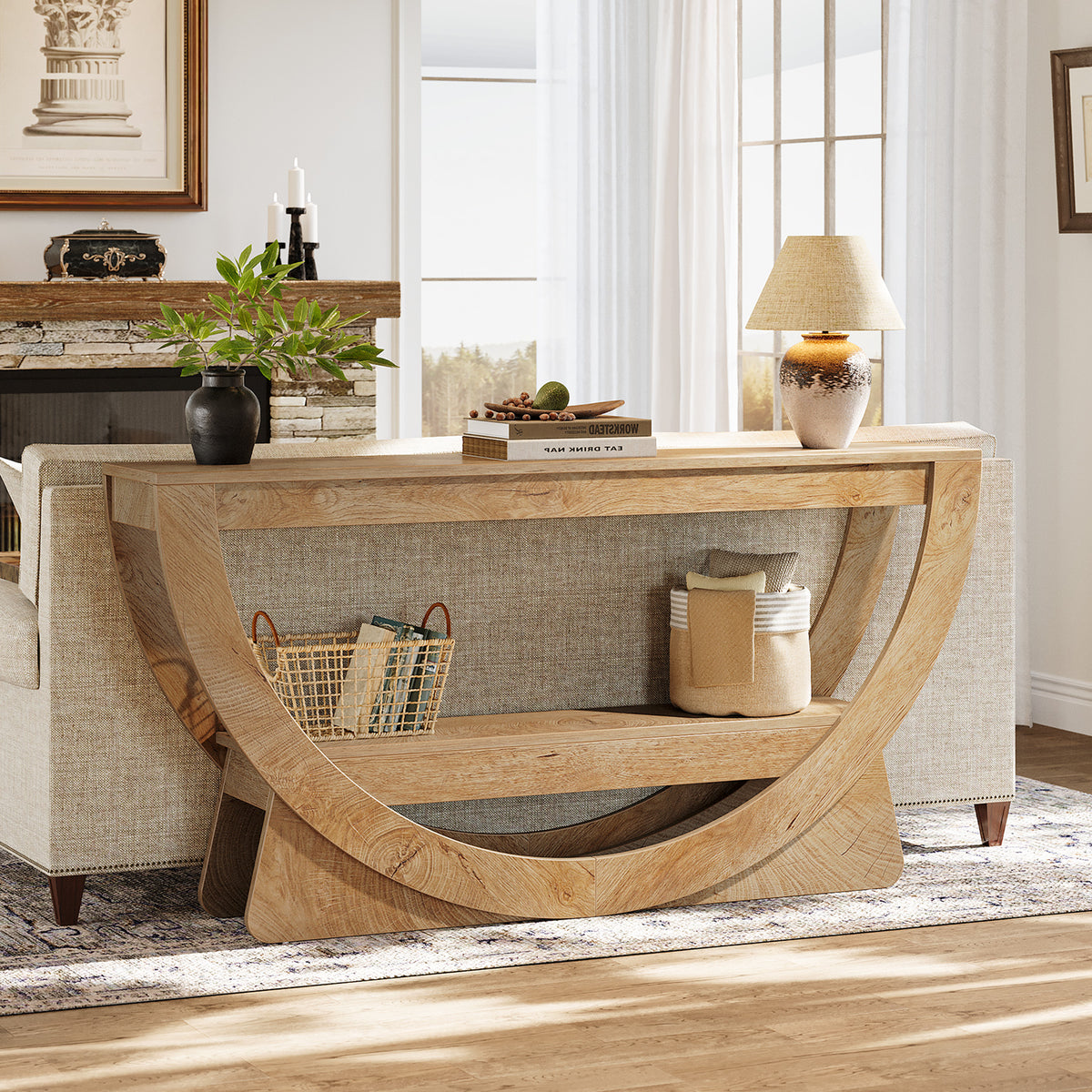 63" Farmhouse Console Table with 2 Shelves, Narrow Sofa Table in Dark Brown