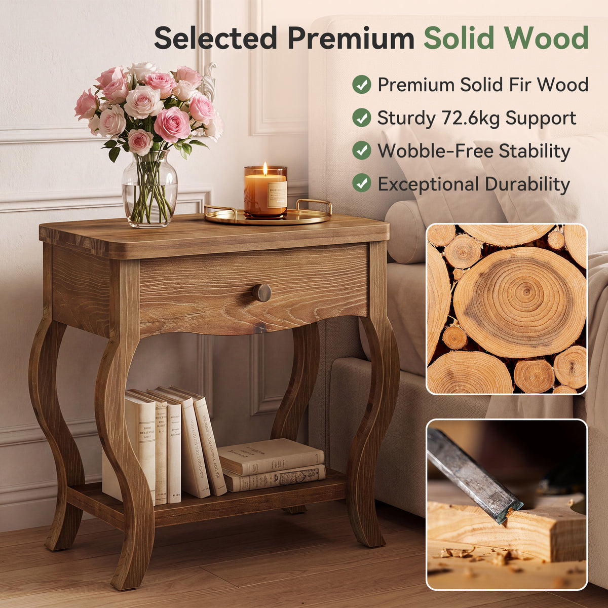 61cm Nightstand, Rustic Solid Wood Bedside Table with Drawer & Shelf