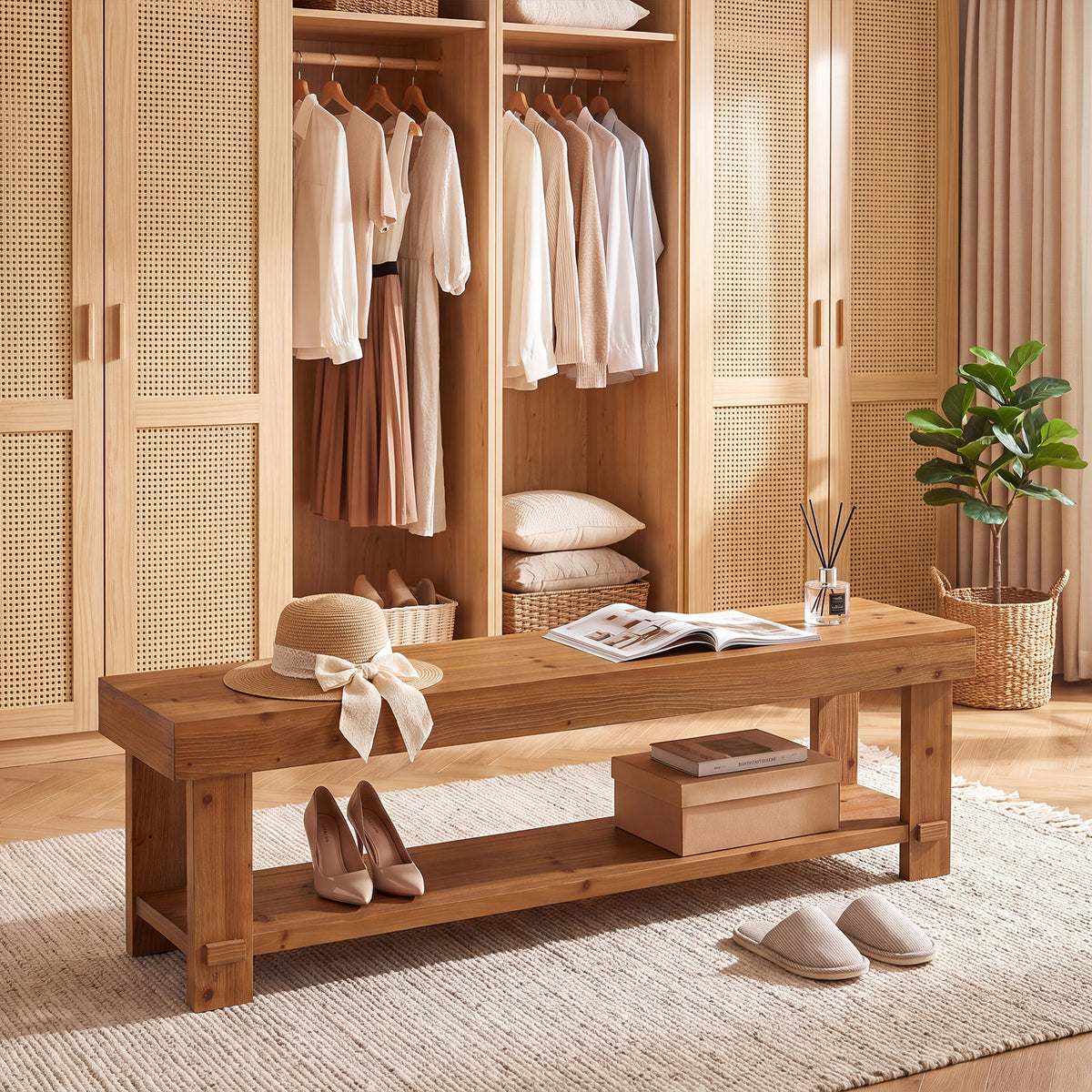 160cm Entryway Bench, Rustic Solid Wood 2-Tier Shoe Bench for Hallway
