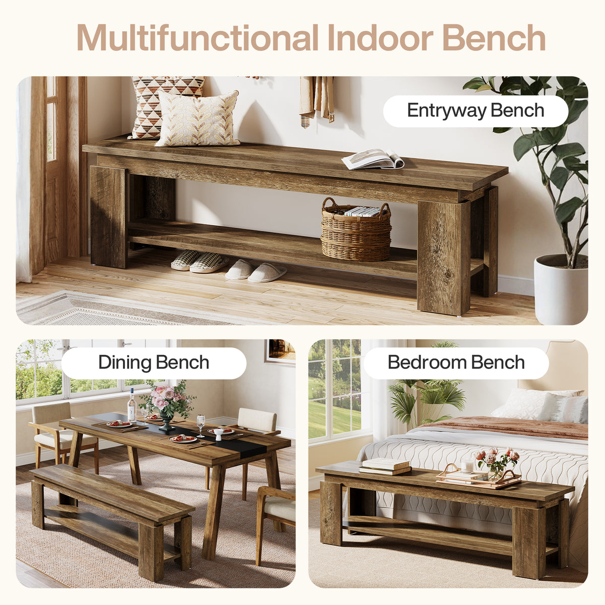 Tribesigns 160cm Entryway Bench, Farmhouse Shoe Bench with Storage Shelf