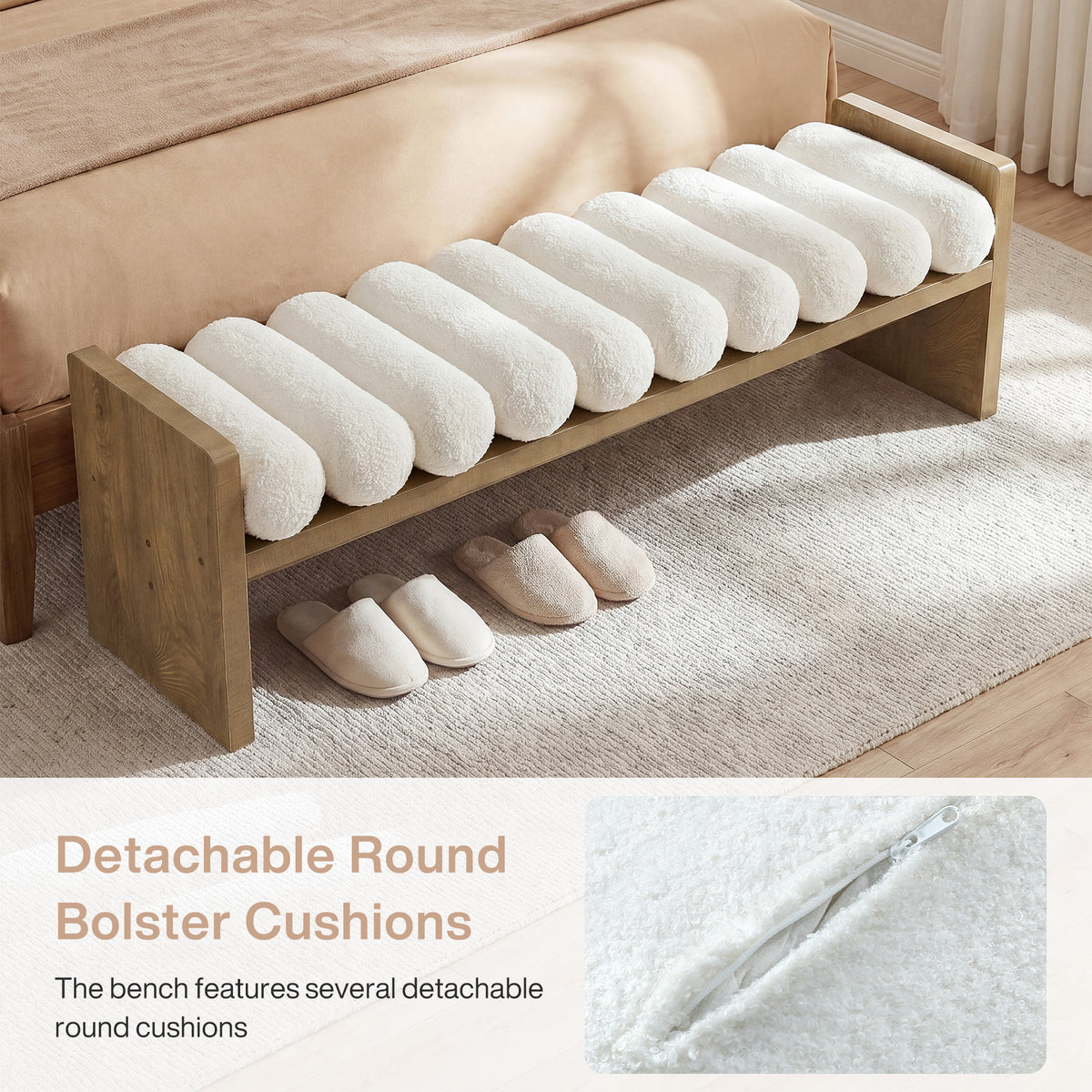 150cm Entryway Bench, Upholstered Boucle Cushion End of Bed Bench for Hallway