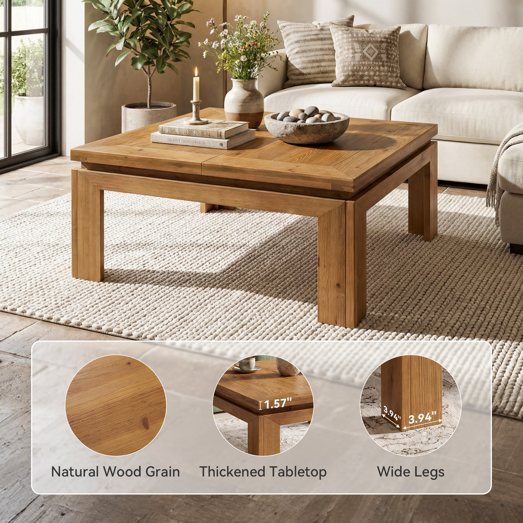 39.4" Solid Wood Coffee Table with Recessed Edge, Square Farmhouse Center Table for Living Room