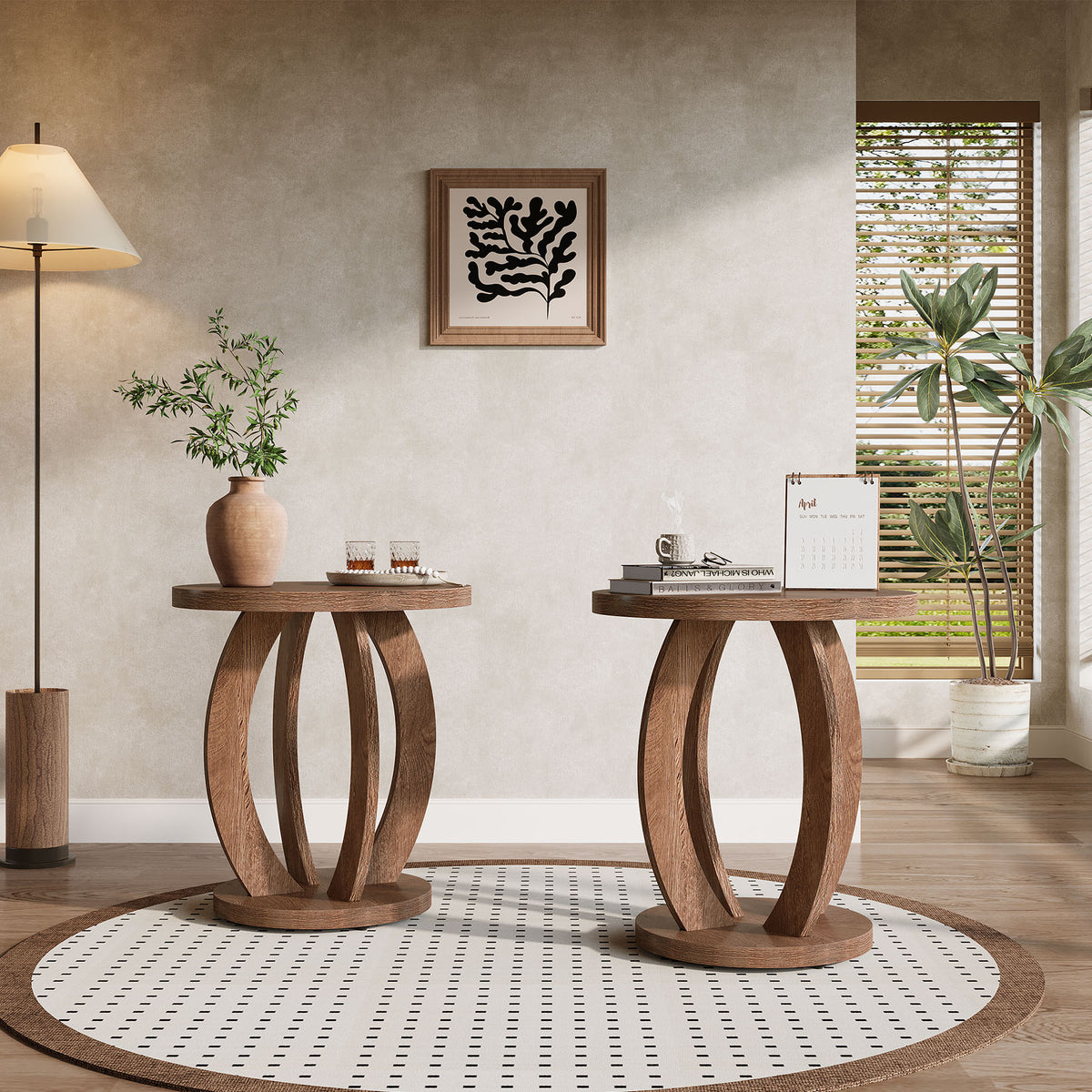 60cm Round End Table, Rustic Side Table with Storage for Living Room