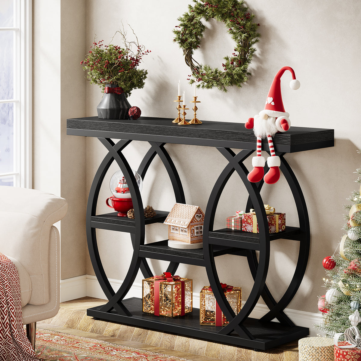 39.4" Console Table, 4-Tier Narrow Sofa Table with Metal Frame & Storage