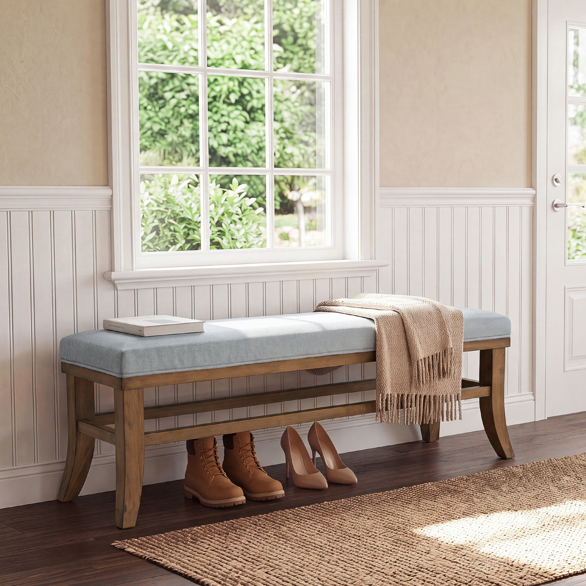140cm Dining Bench, Upholstered Solid Pine with Linen Cushion for Dining Room
