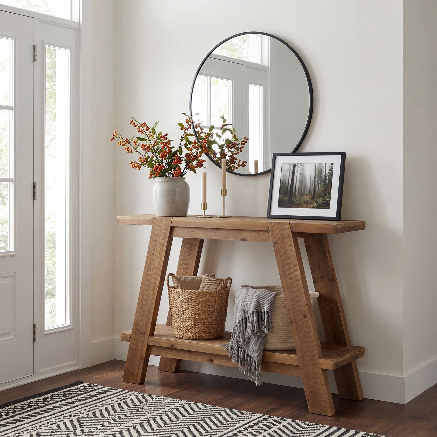 110cm Narrow Console Table, 2-Tier Solid Wood Sofa Entryway Table