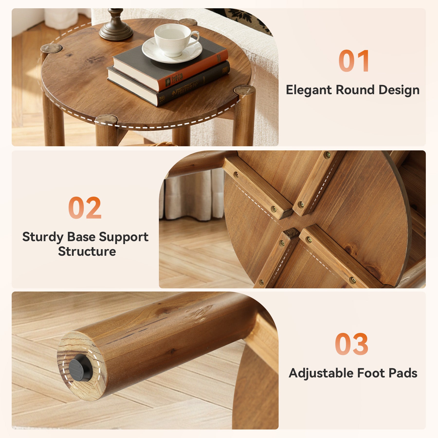 50cm Solid Wood Round Bedside Table, 2-Tier Small Side Table with Storage Shelf