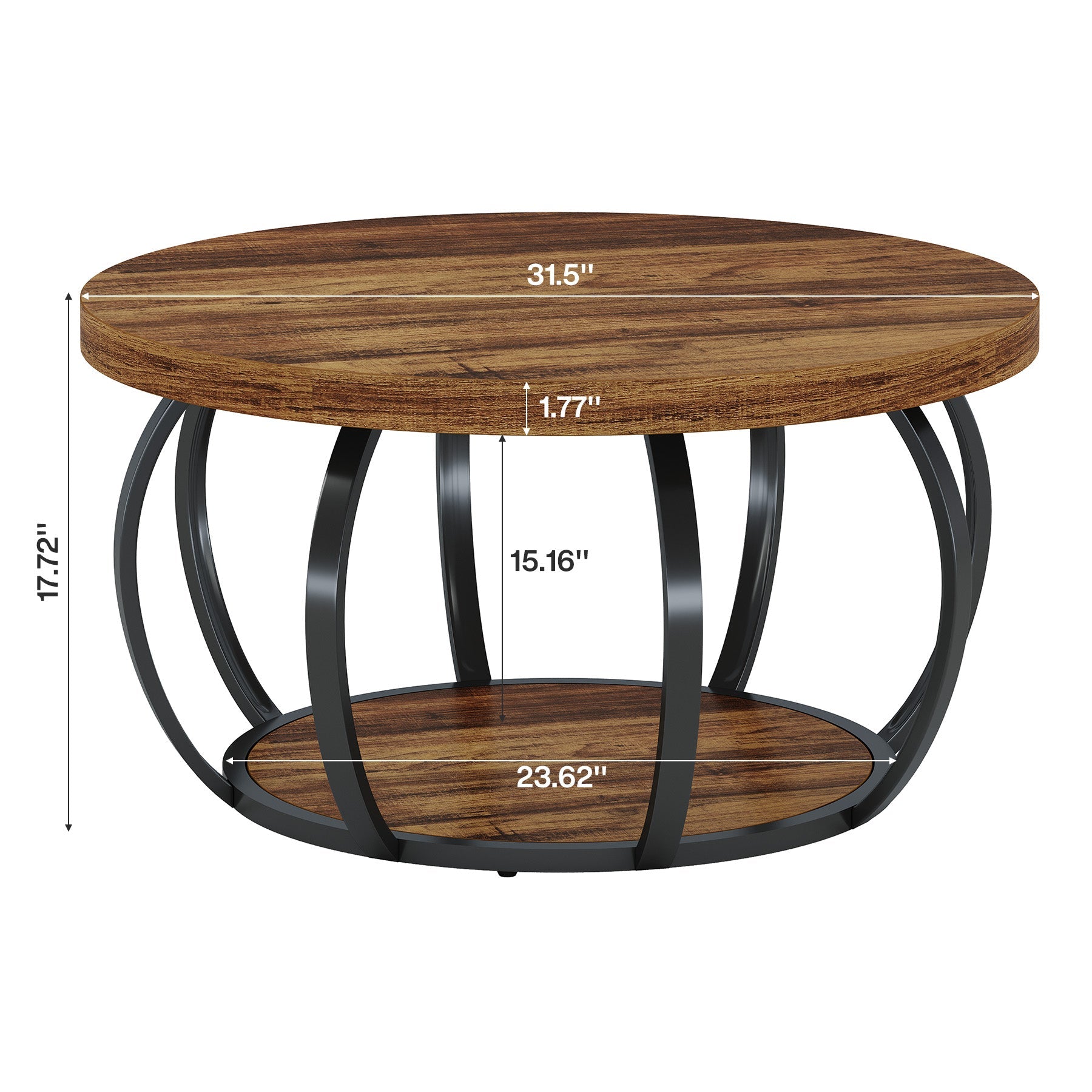 31.5" Round Coffee Table, 2-Tier Farmhouse Center Table with Wood & Black Metal for Living Room