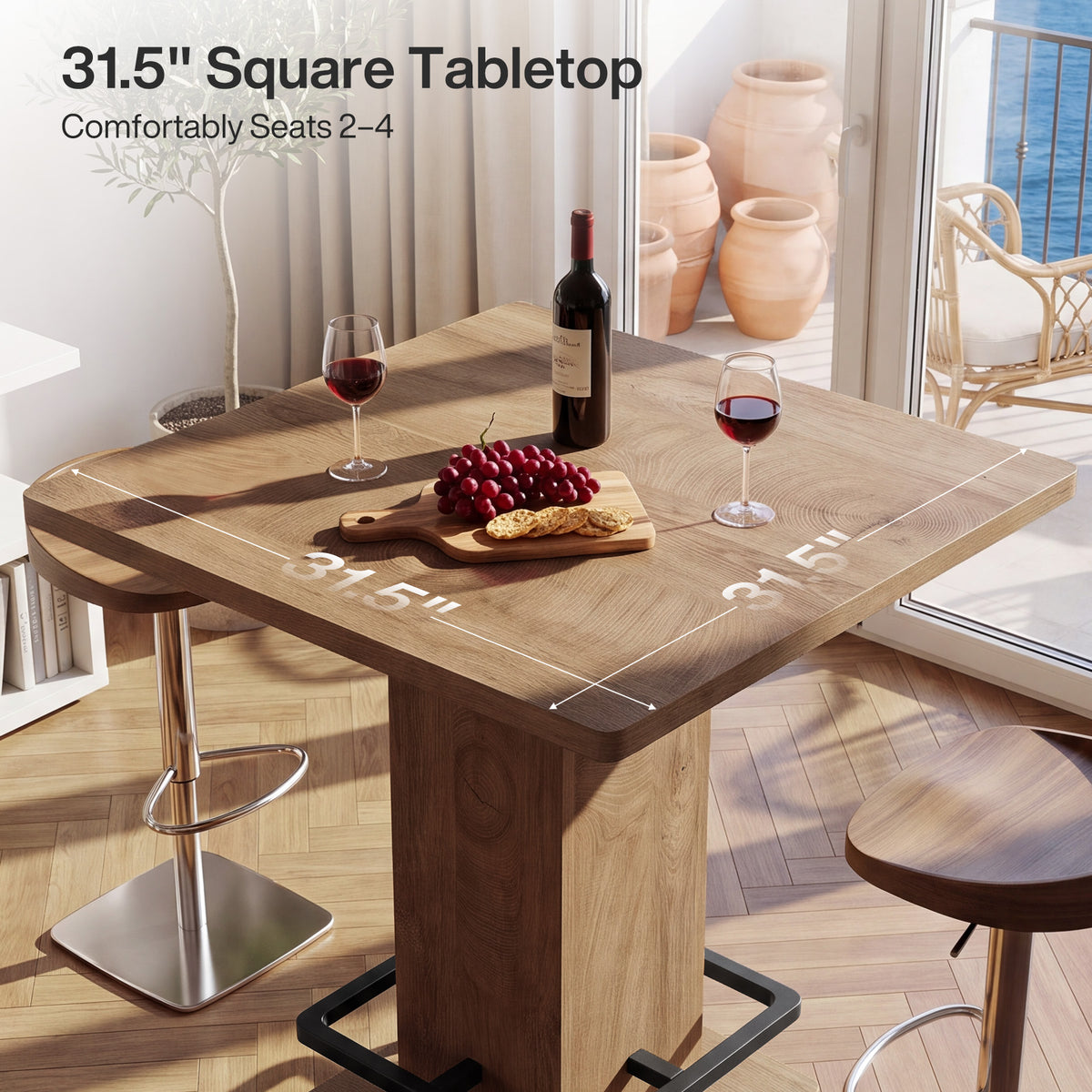 80cm Square Bar Table, Pedestal Base with Built-In Footrest for Home Bar