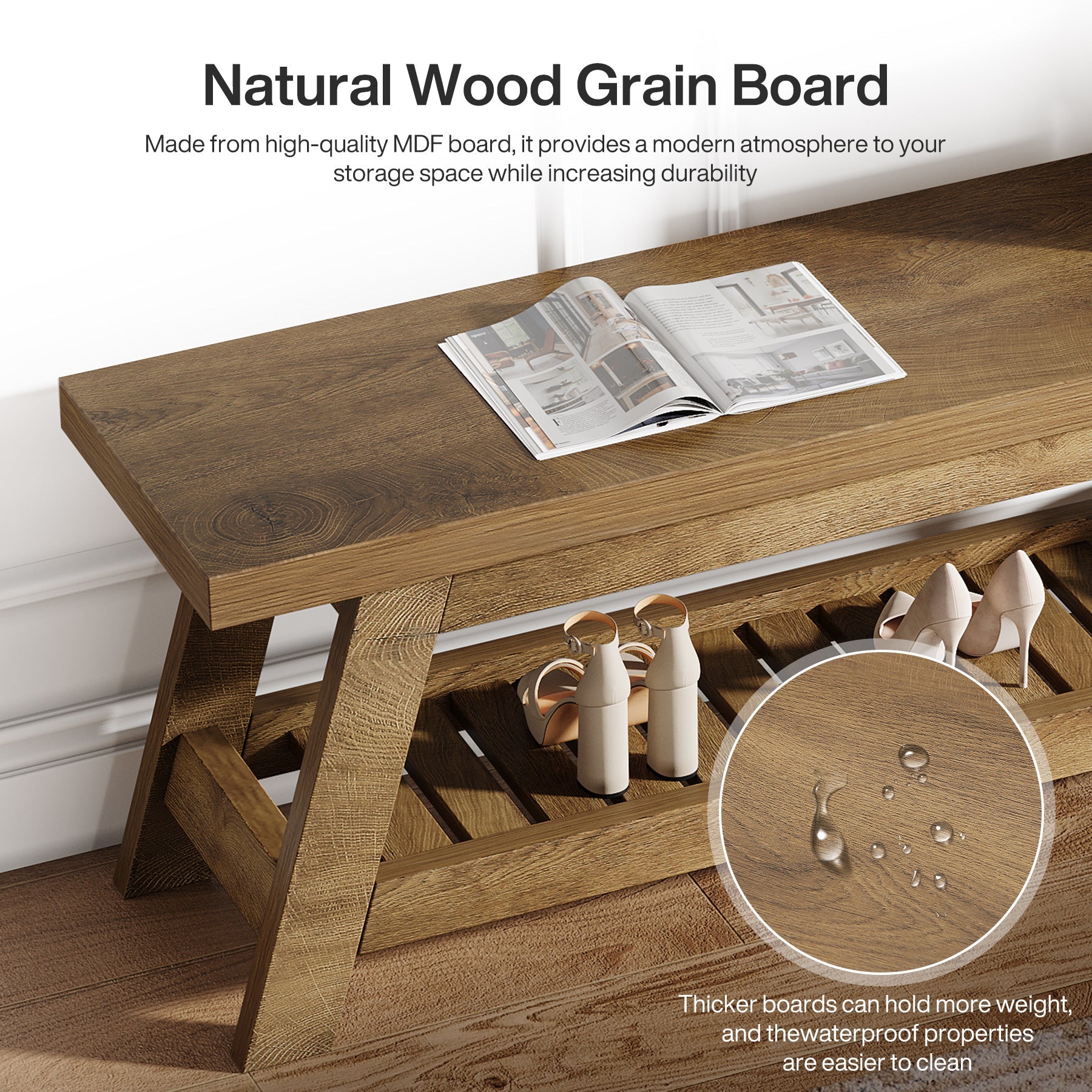 55" Entryway Bench, 2-Tier Foyer Seating Bench with Shoe Storage