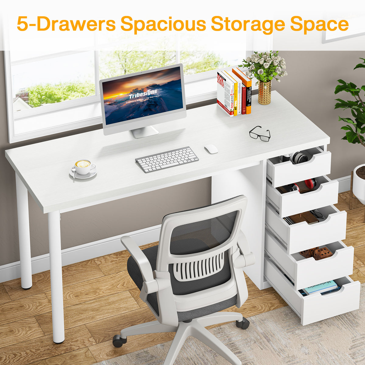 120cm Computer Desk, 5-Drawer Modern Study Table Writing Desk
