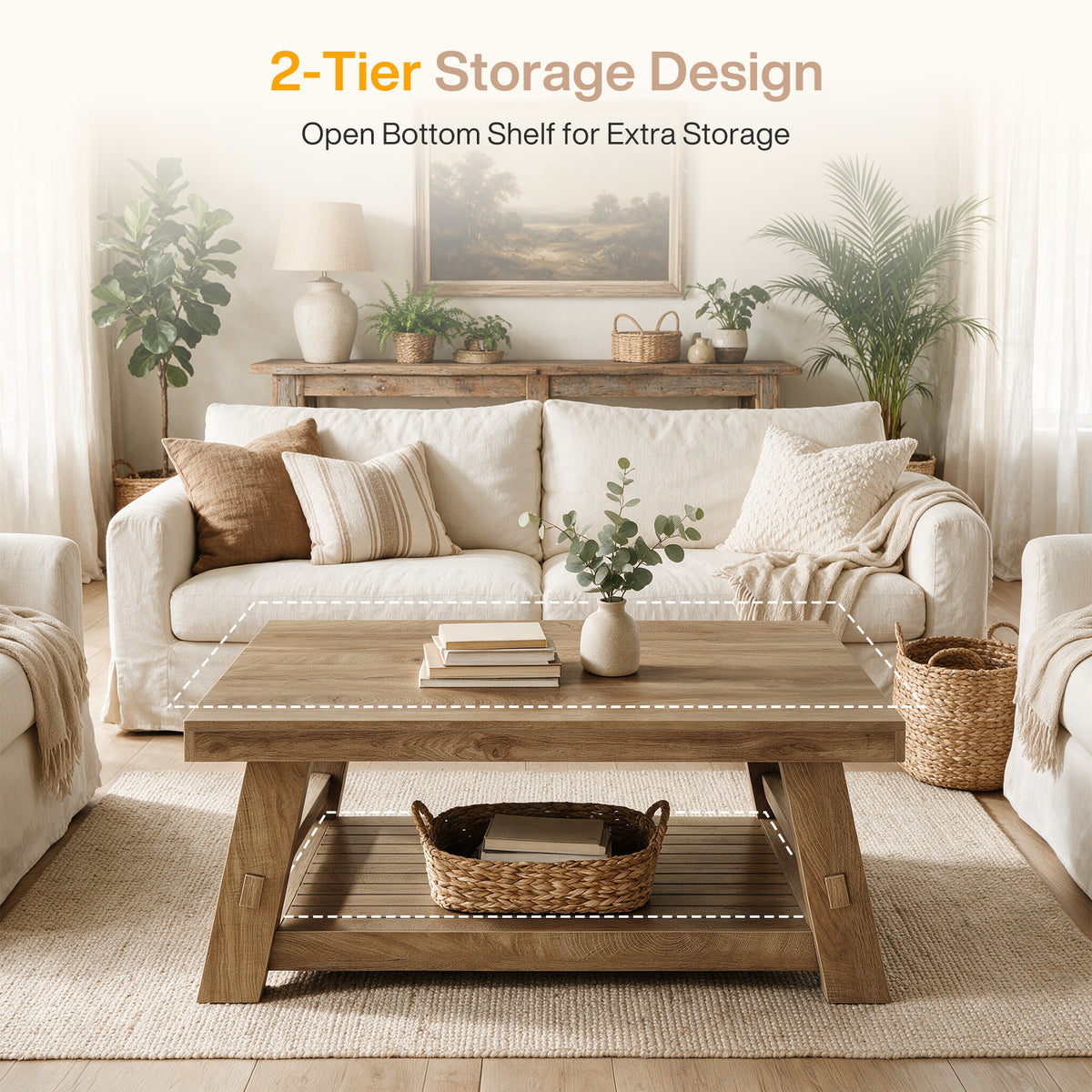 99cm Square Coffee Table, Farmhouse 2-Tier Slatted Storage Shelf