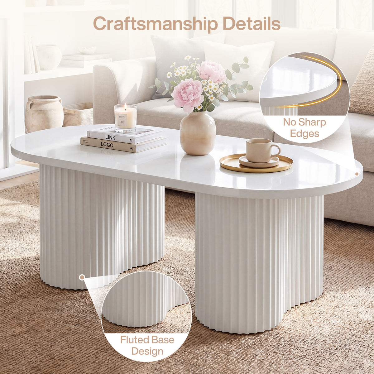 120cm Oval Coffee Table, Modern White Fluted Centre Table for Living Room & Office