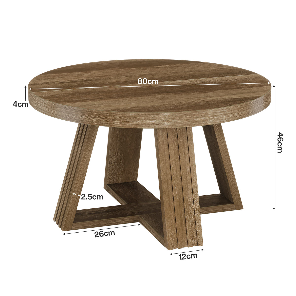 80cm Round Coffee Table, Rustic Solid Wood Top for Living Room