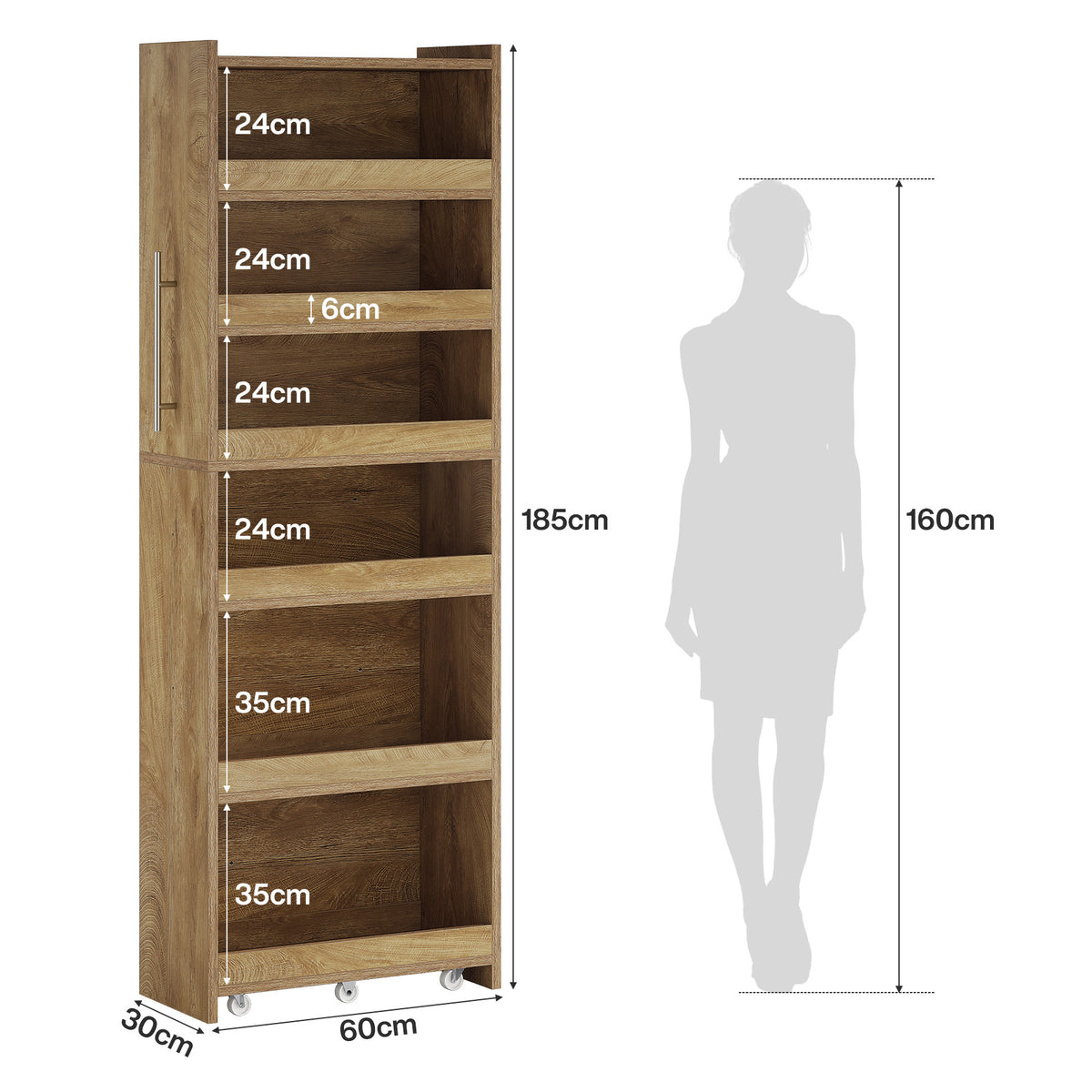 185cm Slim Storage Trolley, 6-Tier Kitchen Cabinet on Wheels