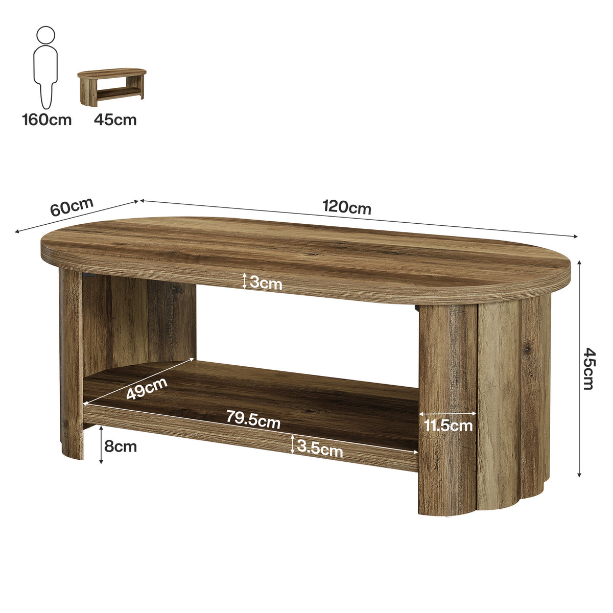120cm Oval Coffee Table, Storage Shelf for Living Room