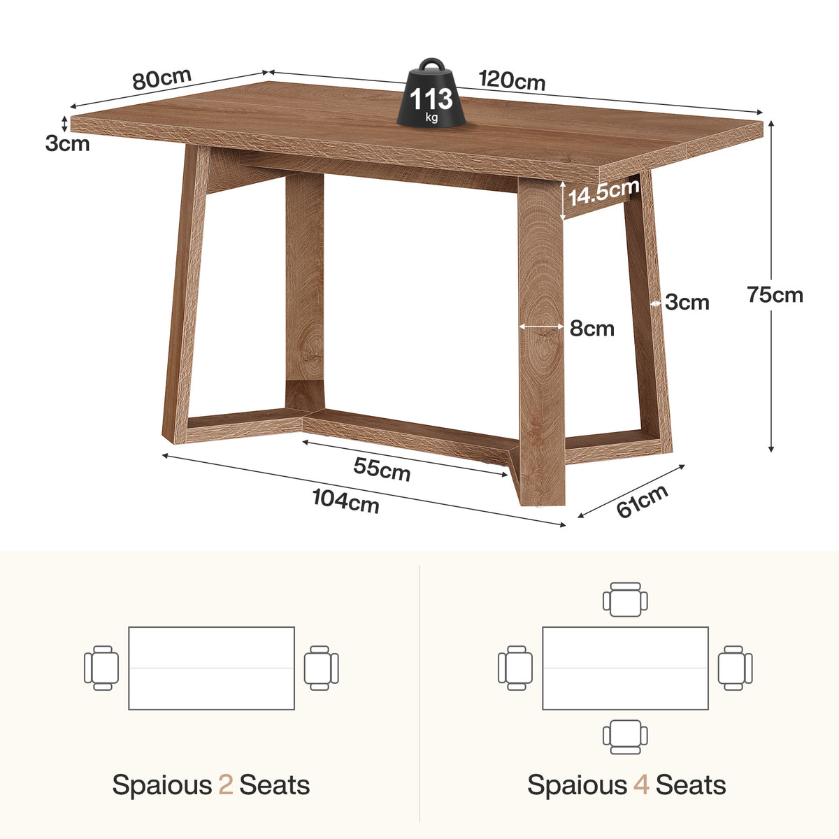 120cm Dining Table, Modern 4-6 Seater MDF Wood Effect for Dining Room