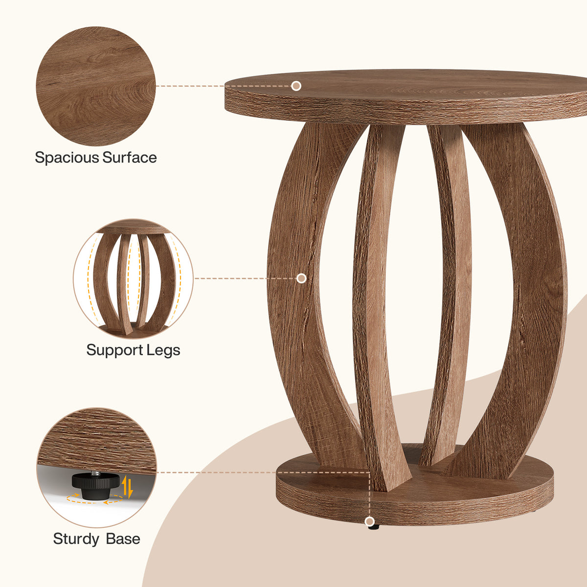 60cm Round End Table, Rustic Side Table with Storage for Living Room
