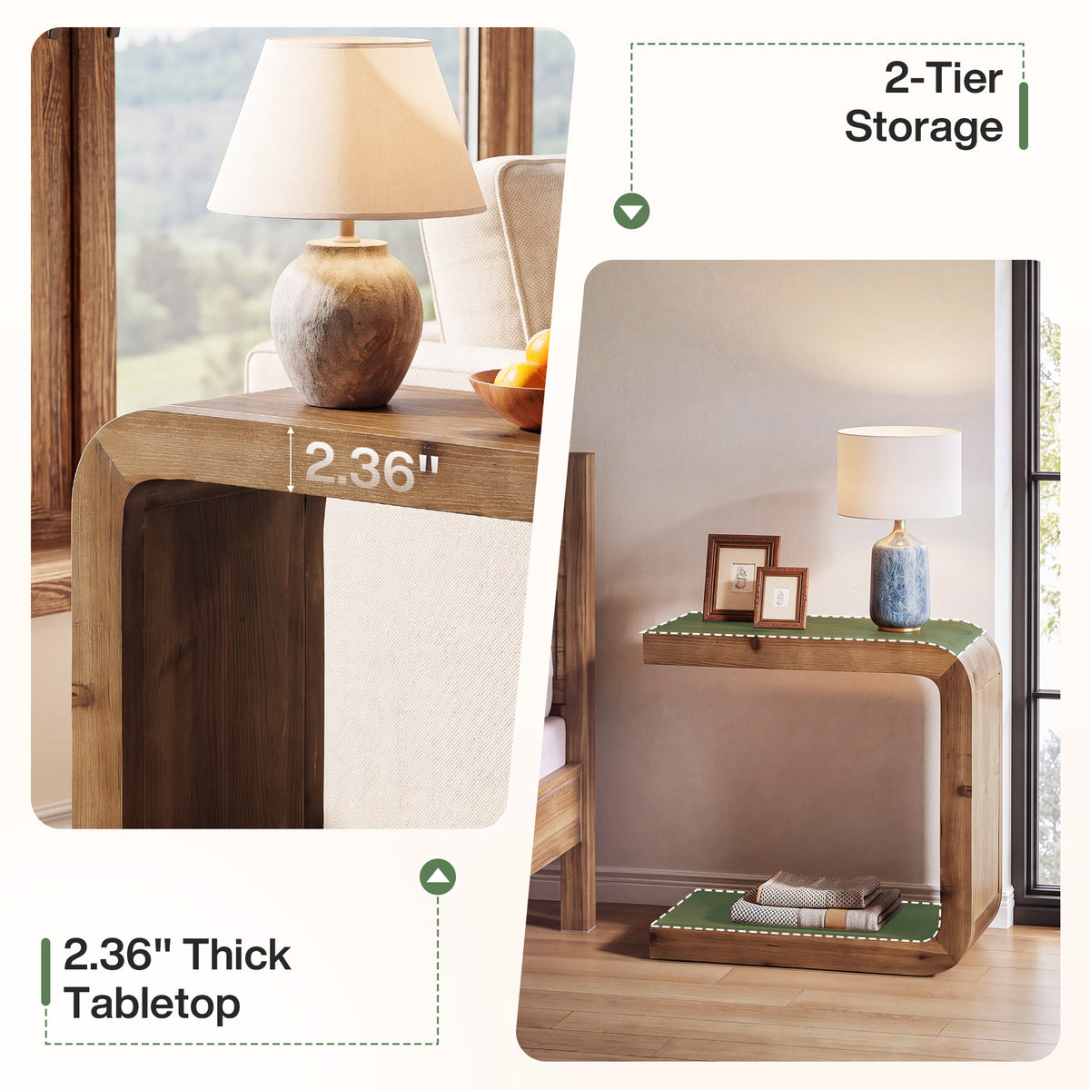 60cm C-Shaped Side Table, Solid Wood 2-Tier End Table with Storage