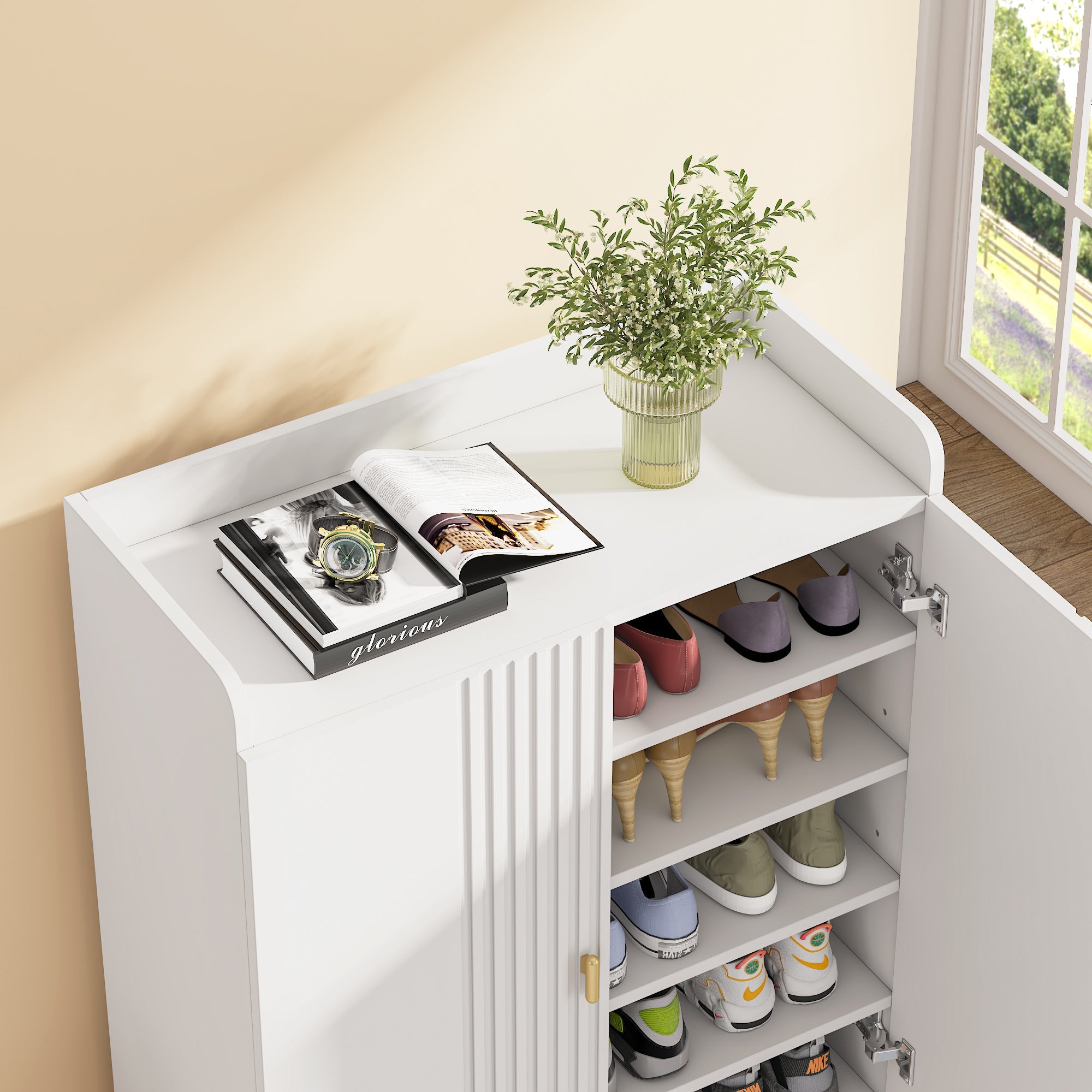 6-Tier Shoe Cabinet, Freestanding White Organizer with Doors for Entryway