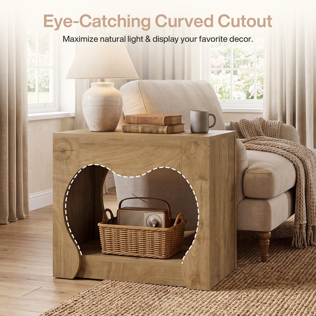 60cm End Table, 2-Tier Farmhouse Side Table with Storage Shelves & Curved Arch
