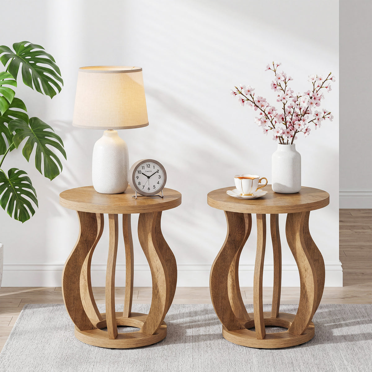 50cm Round Side Table, Curved Wooden Design for Small Spaces