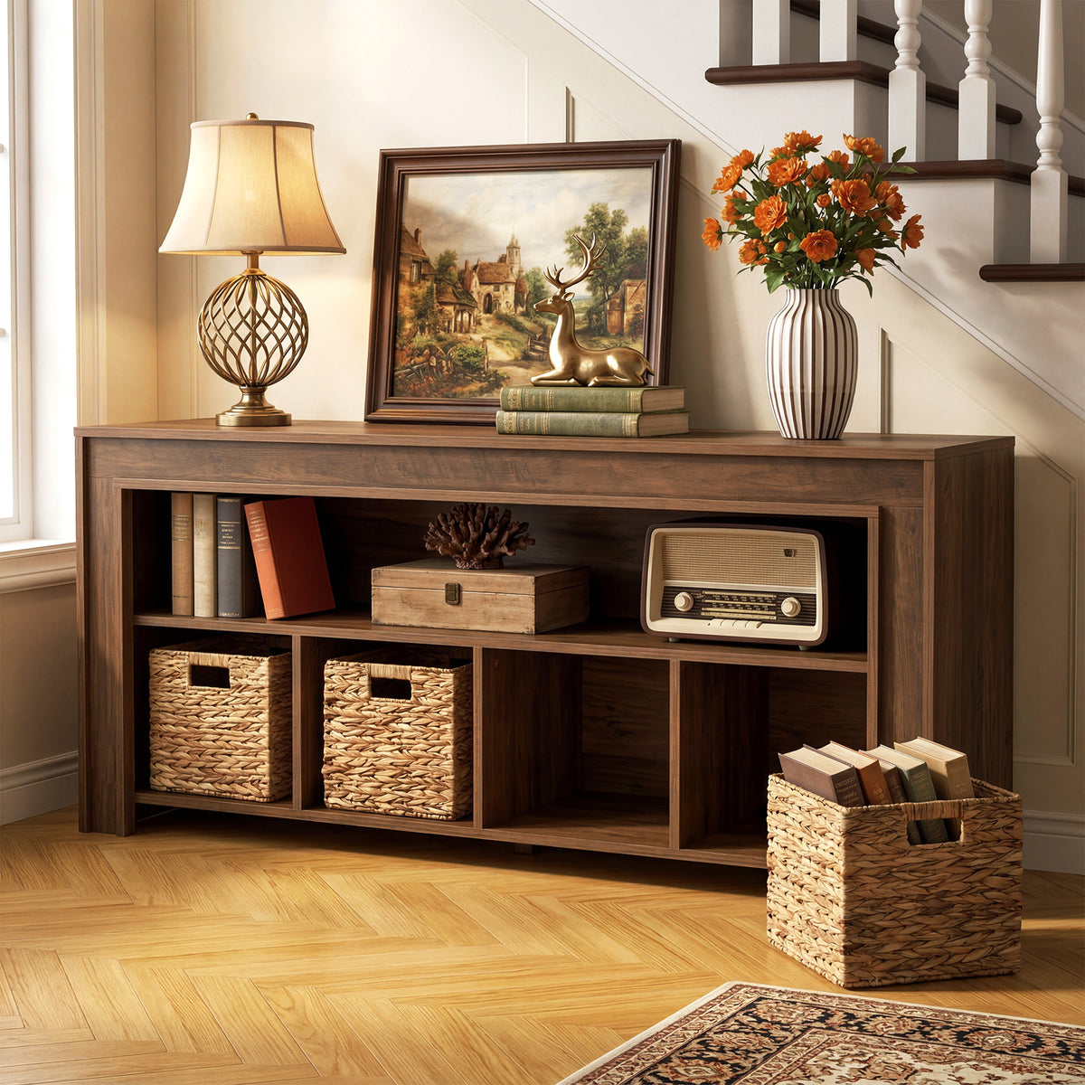 160cm Farmhouse TV Stand, Media Console with Baskets & Open Storage for 55-70" TVs