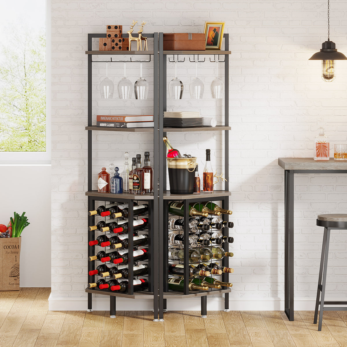 161cm Corner Wine Rack, 4-Tier Industrial Shelf with Glass Holder