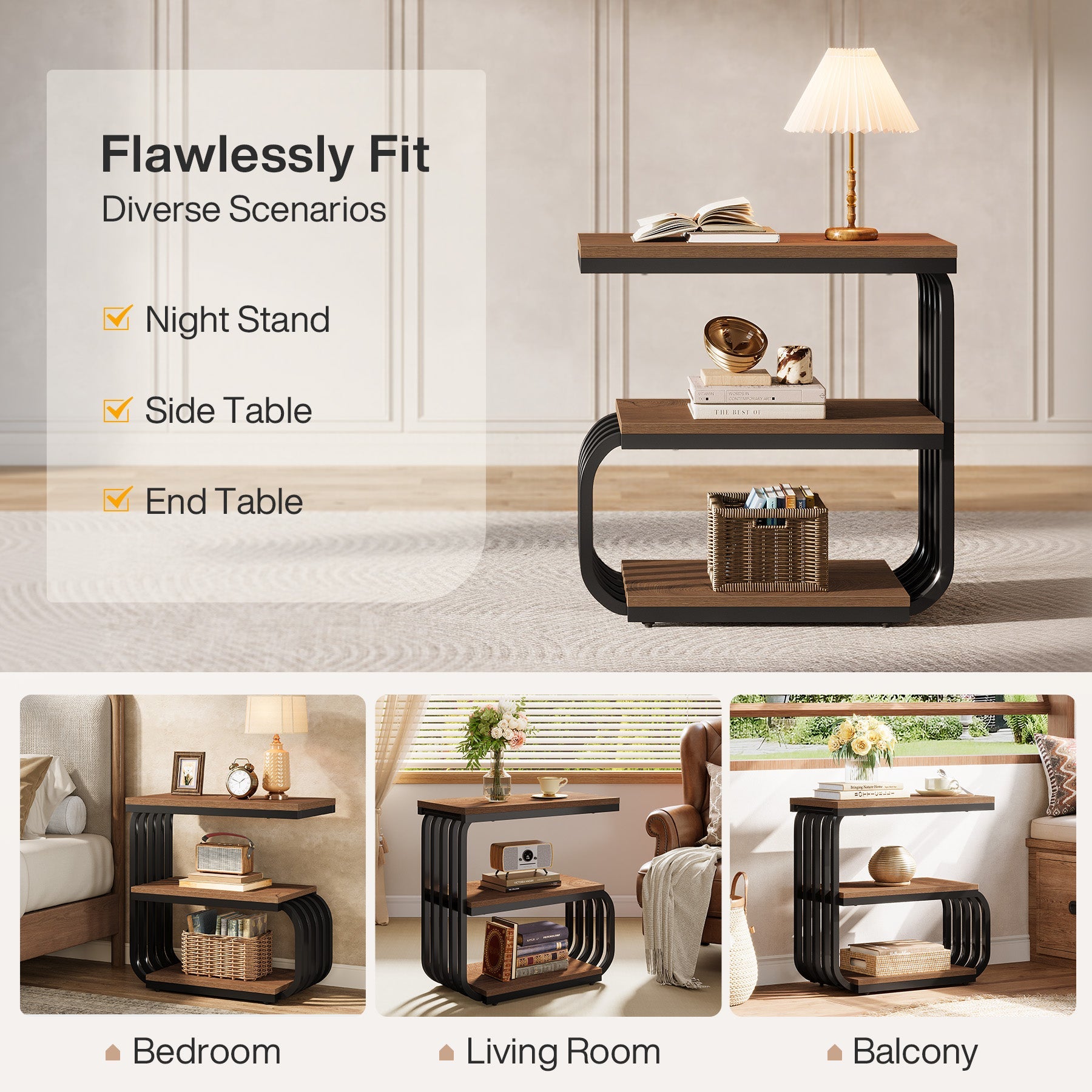 3-Tier Narrow End Table, C-Shaped Side Table for Living Room