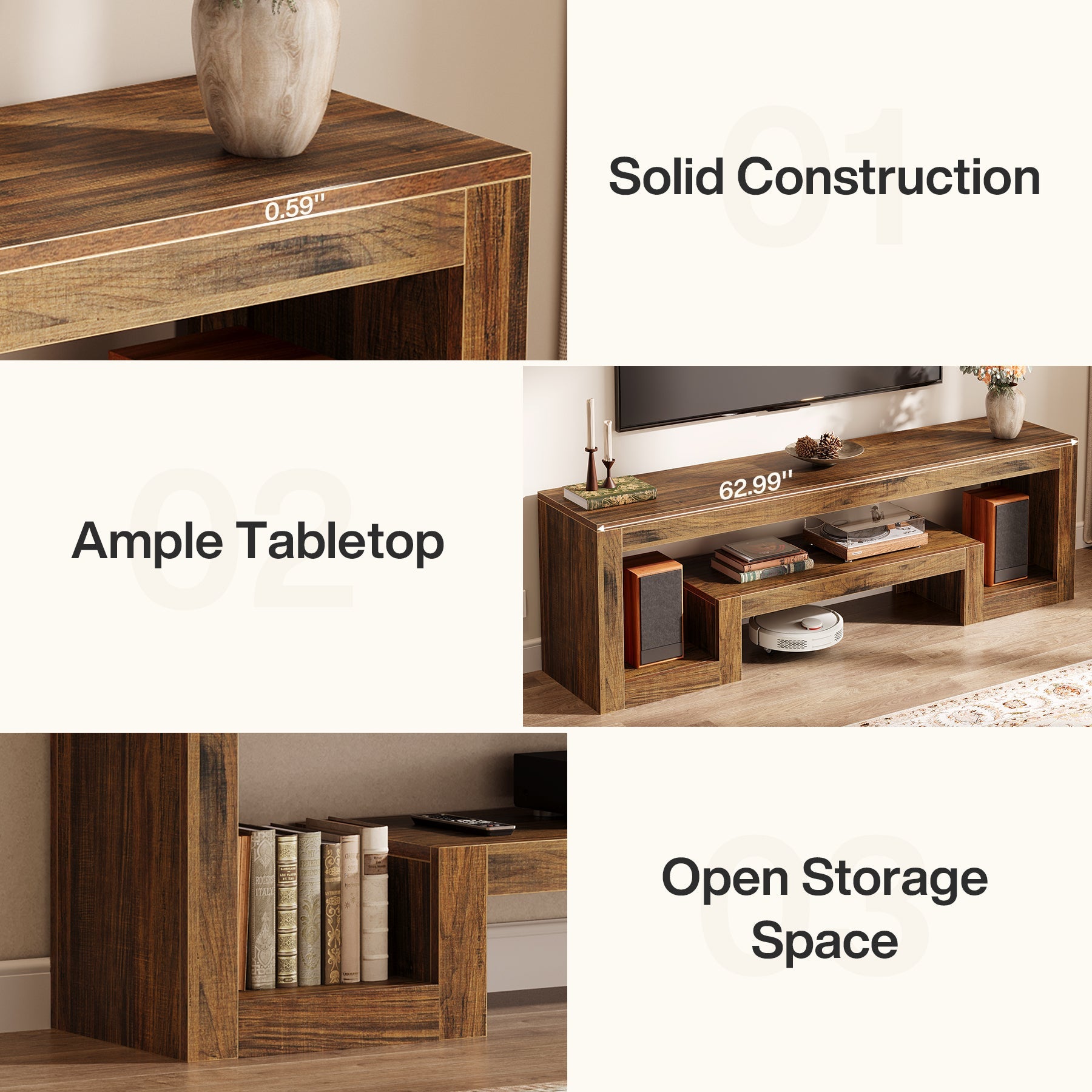 63” TV Stand, Farmhouse Entertainment Center with Open Storage Shelves for Living Room