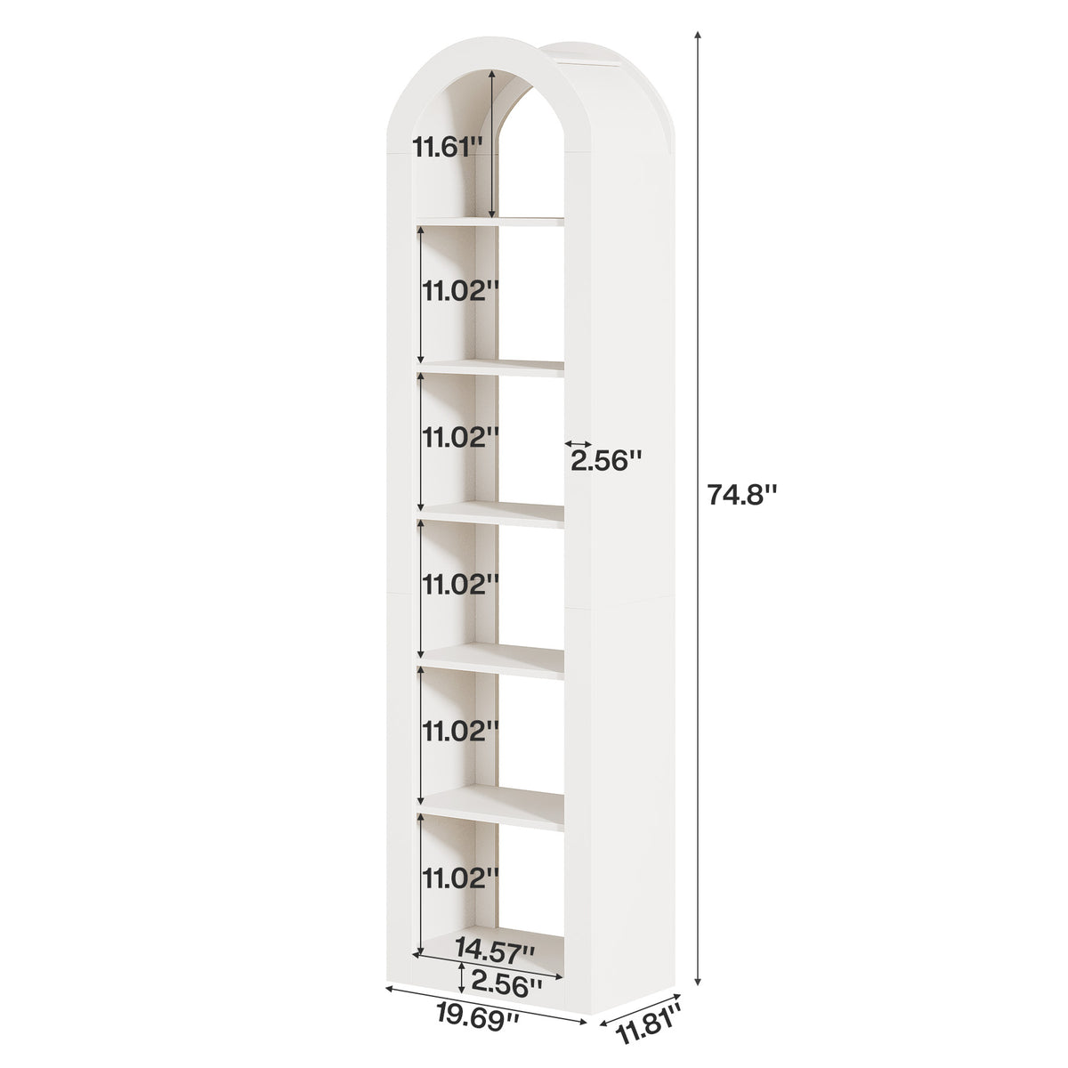 190cm Arched Bookshelf, 6-Tier Narrow White Storage Rack