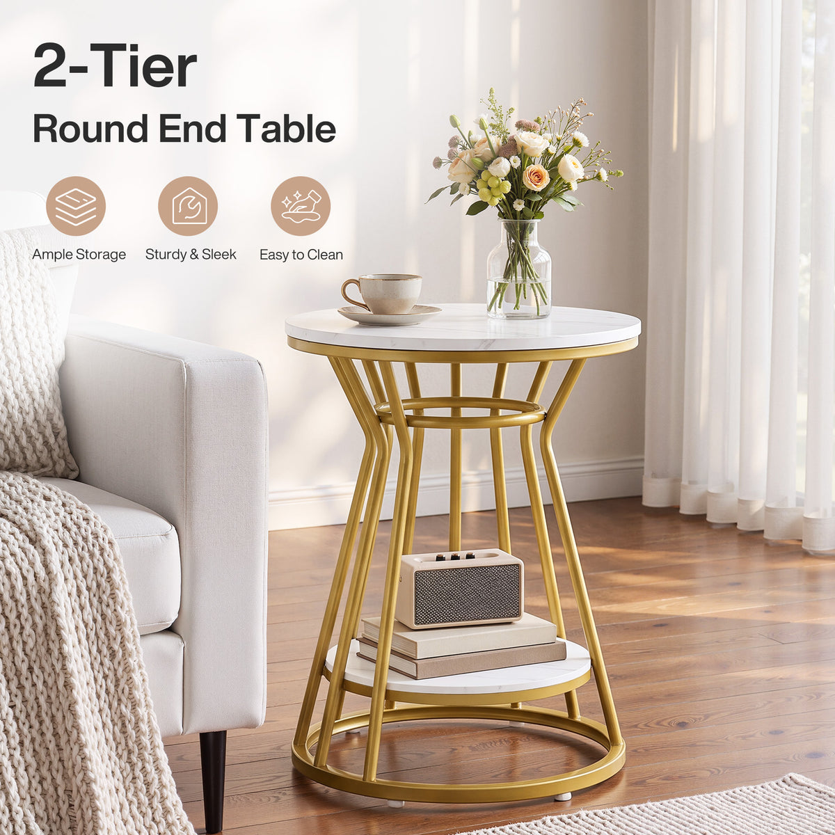 45cm Round End Table, 2-Tier Accent Side Table with Faux Marble Veneer & Metal Frame