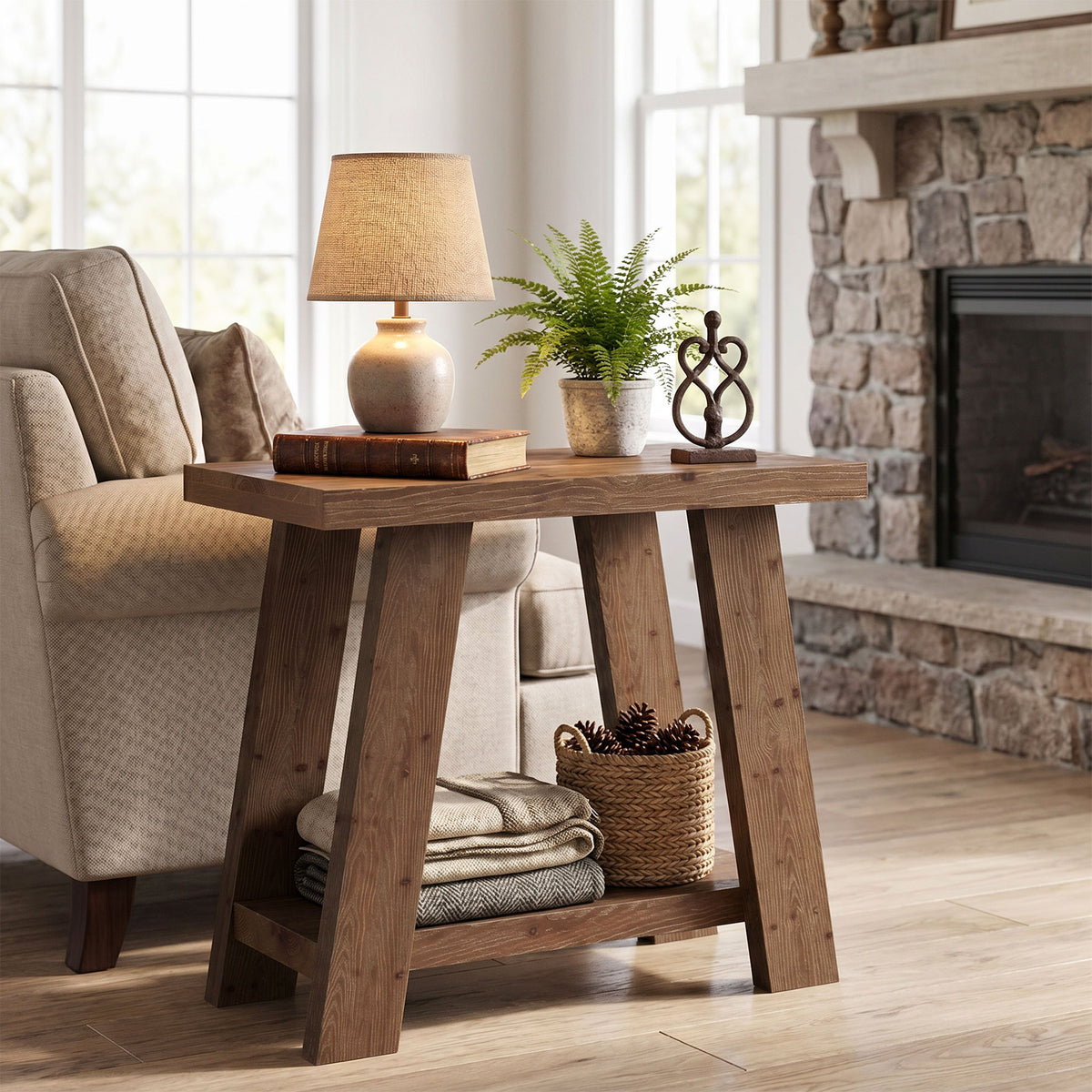 70cm Side Table, Solid Wood 2-Tier Nightstand with Storage for Living Room Bedroom