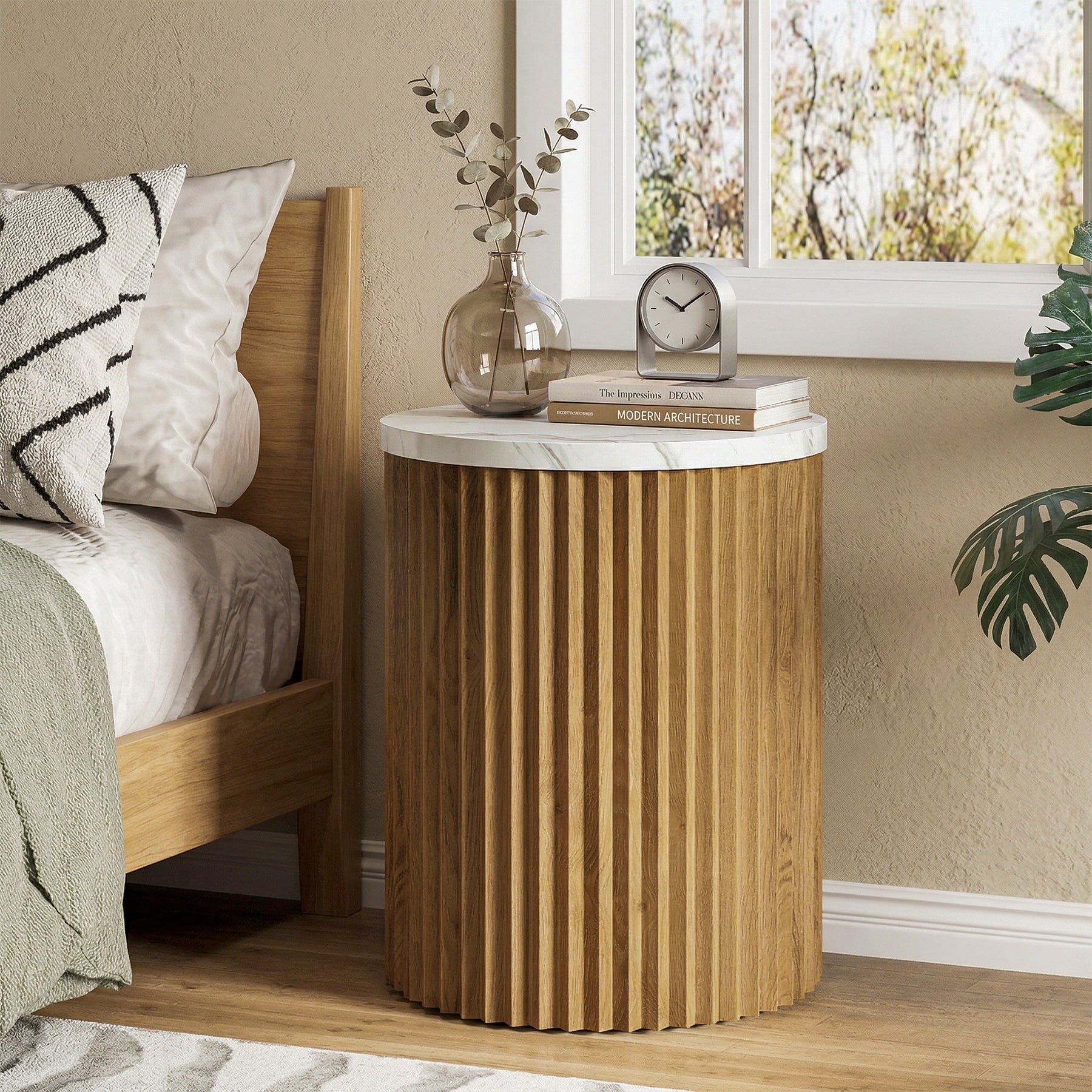23.6" Round Nightstand, Bedside Table with Faux Marble Tabletop & Fluted Base