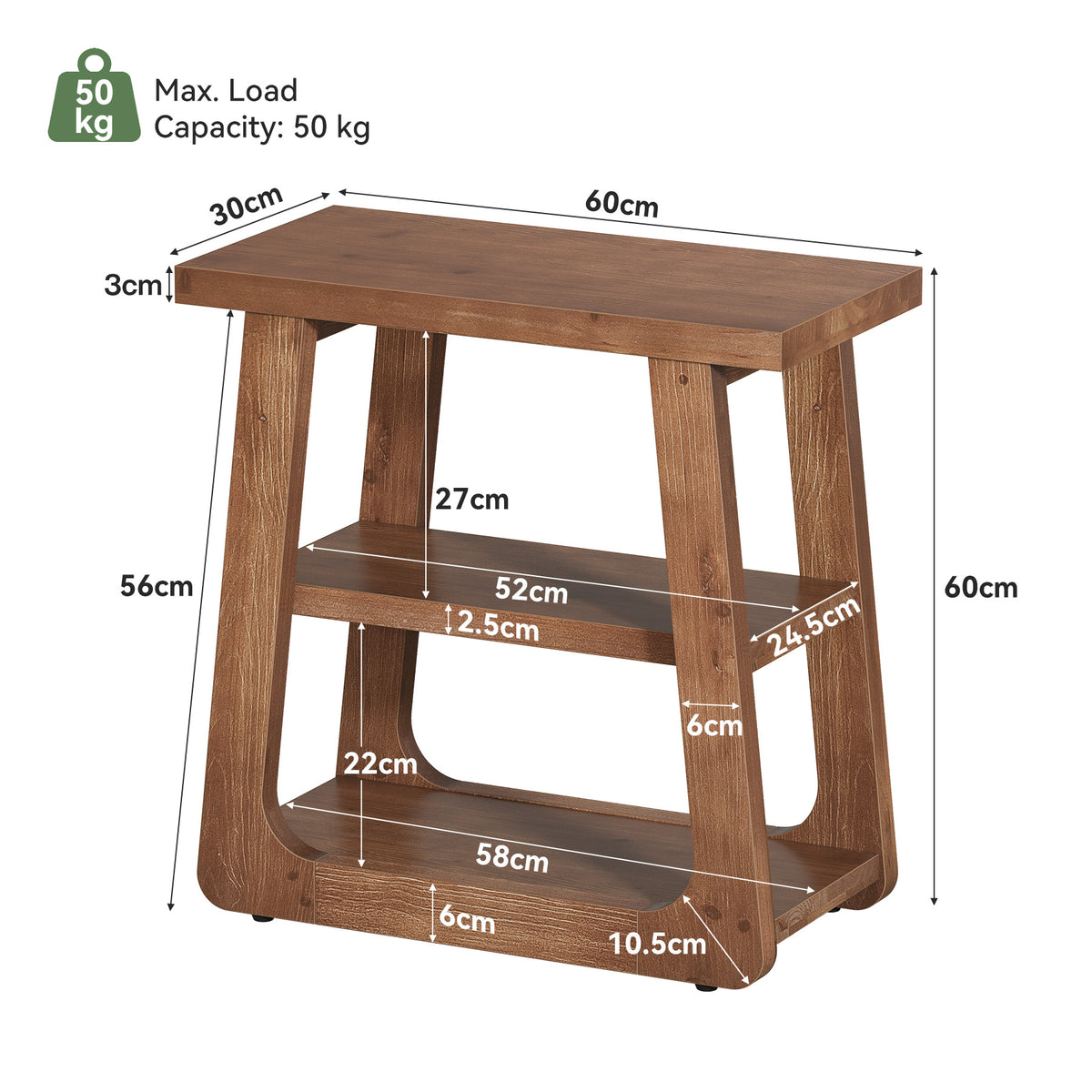 50cm Side Table, Farmhouse 3-Tier Solid Wood End Table for Small Spaces