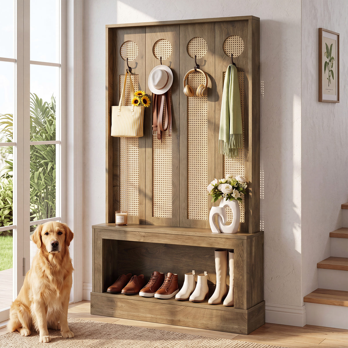 177cm Wall Room Divider, Rattan Partition with LED Light, Shelves & 4 Hooks for Living Room
