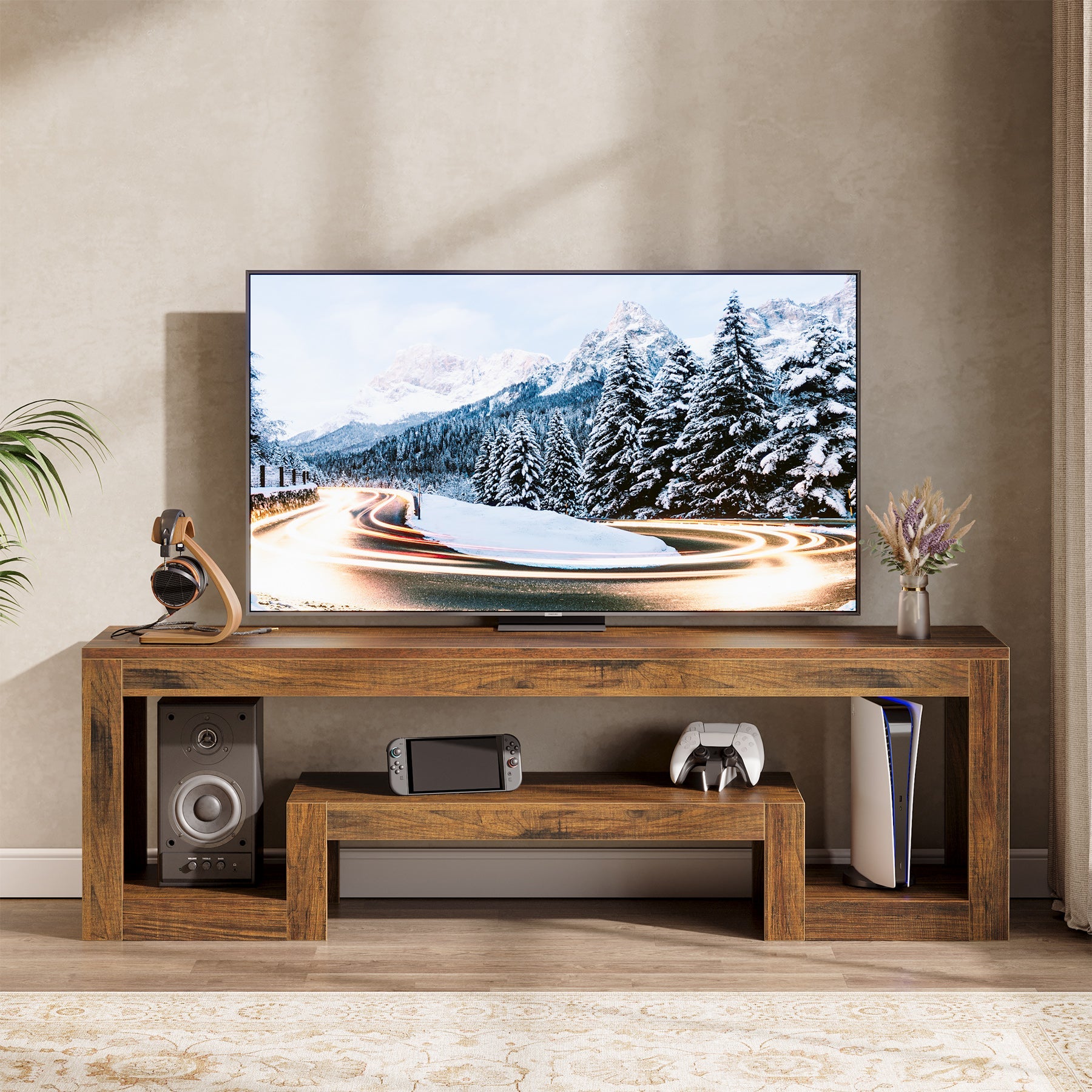 63” TV Stand, Farmhouse Entertainment Center with Open Storage Shelves for Living Room