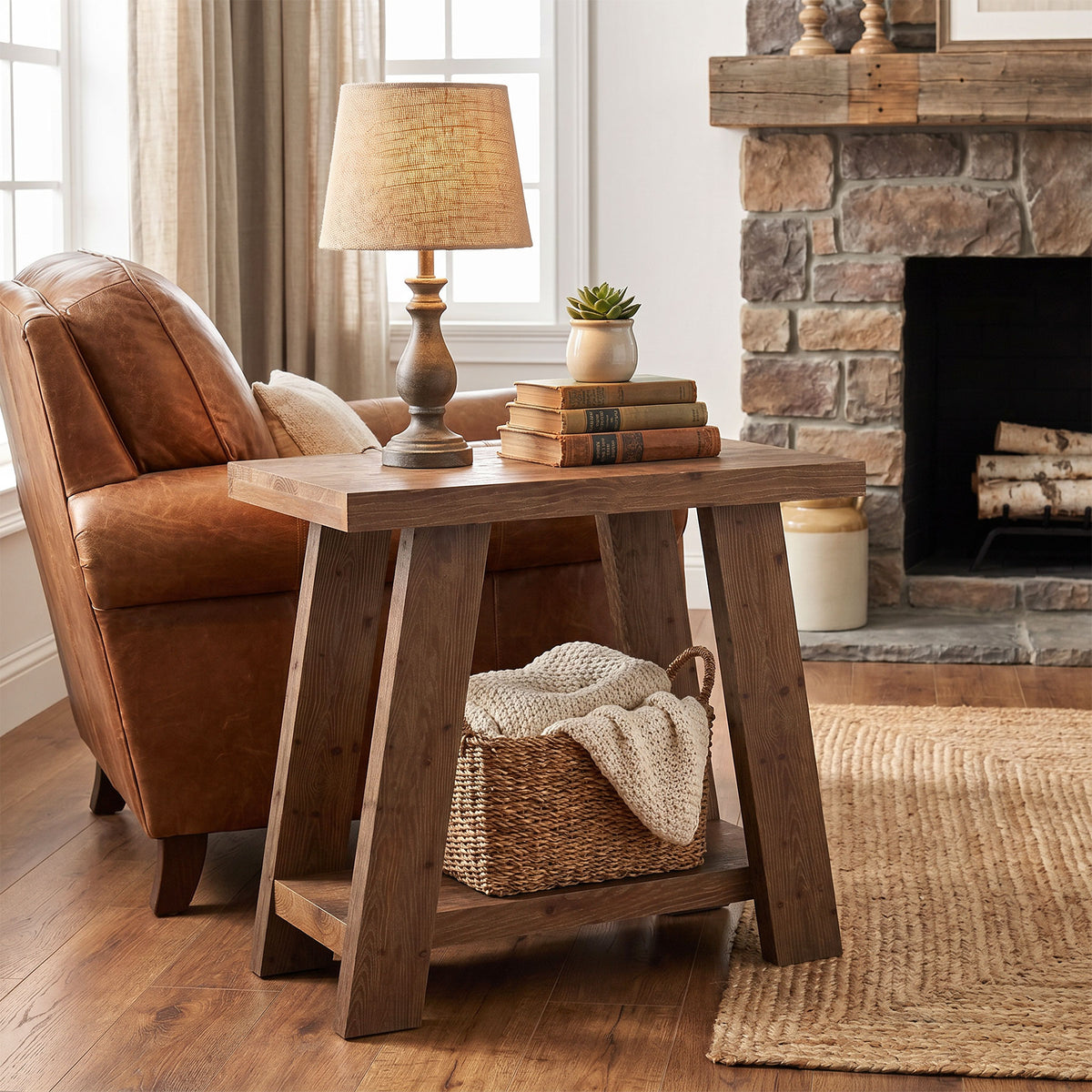 70cm Side Table, Solid Wood 2-Tier Nightstand with Storage for Living Room Bedroom